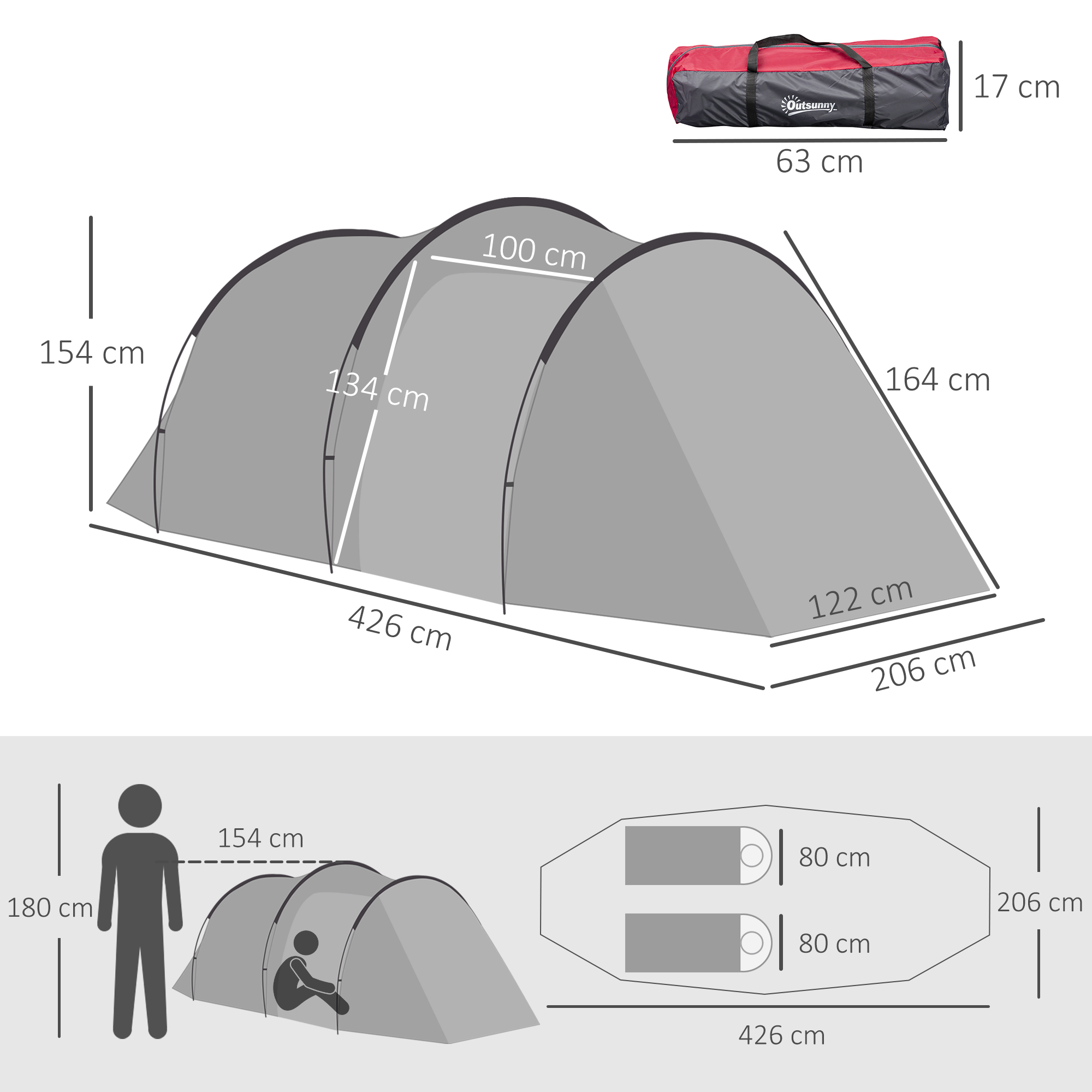 Tienda gris para 4 personas con dimensiones y bolsa de transporte roja.