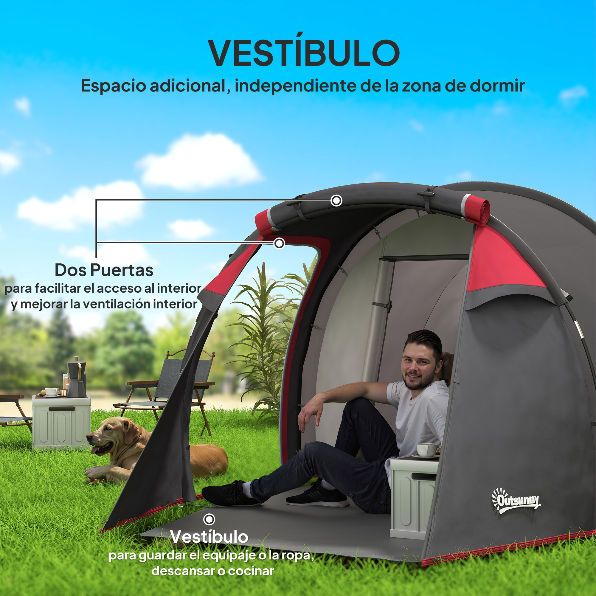 Hombre sentado en vestíbulo de tienda junto a un perro. Exterior con césped y cielo azul.