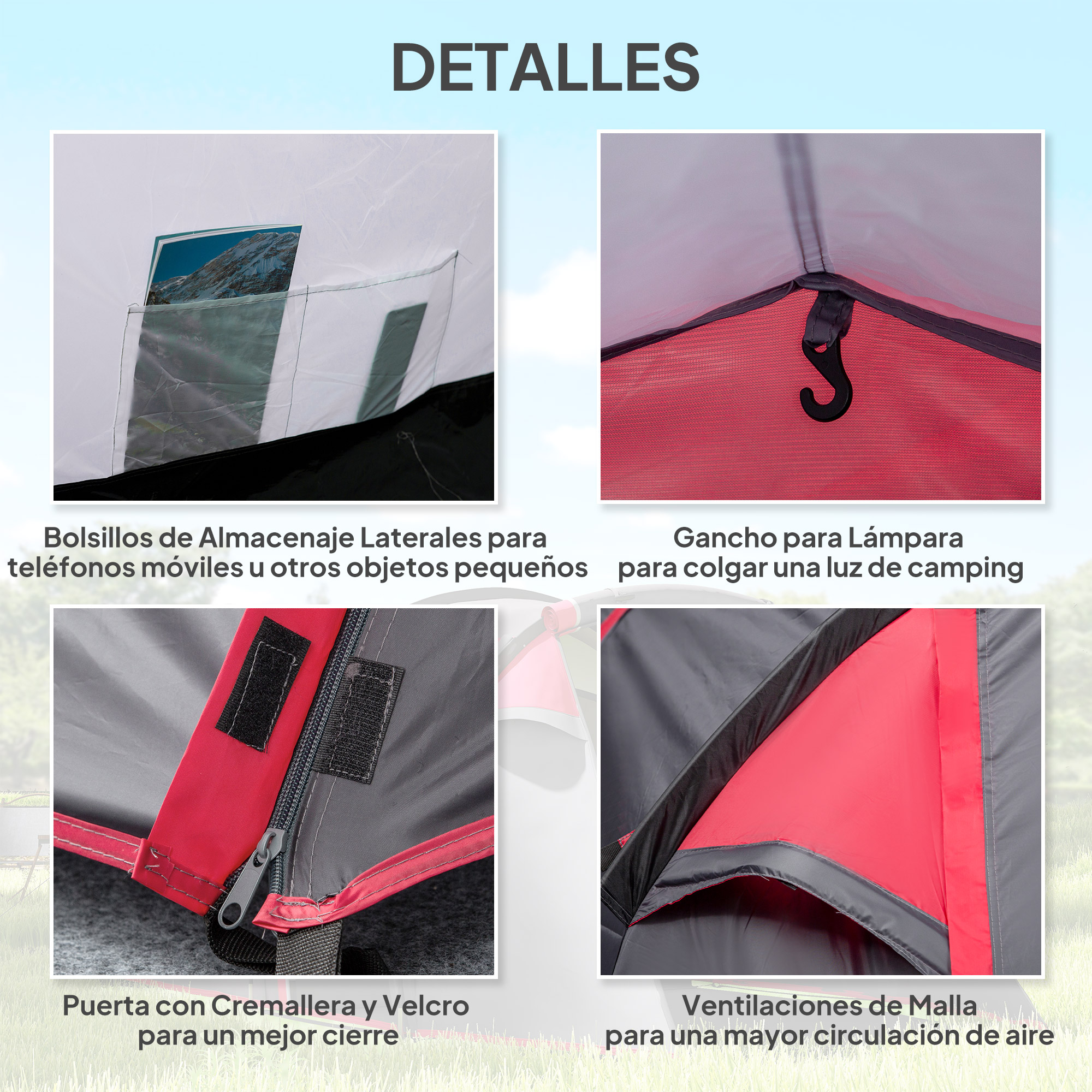 Detalles de puerta de tienda de campaña con cremallera, gancho, ventilación y bolsillo.