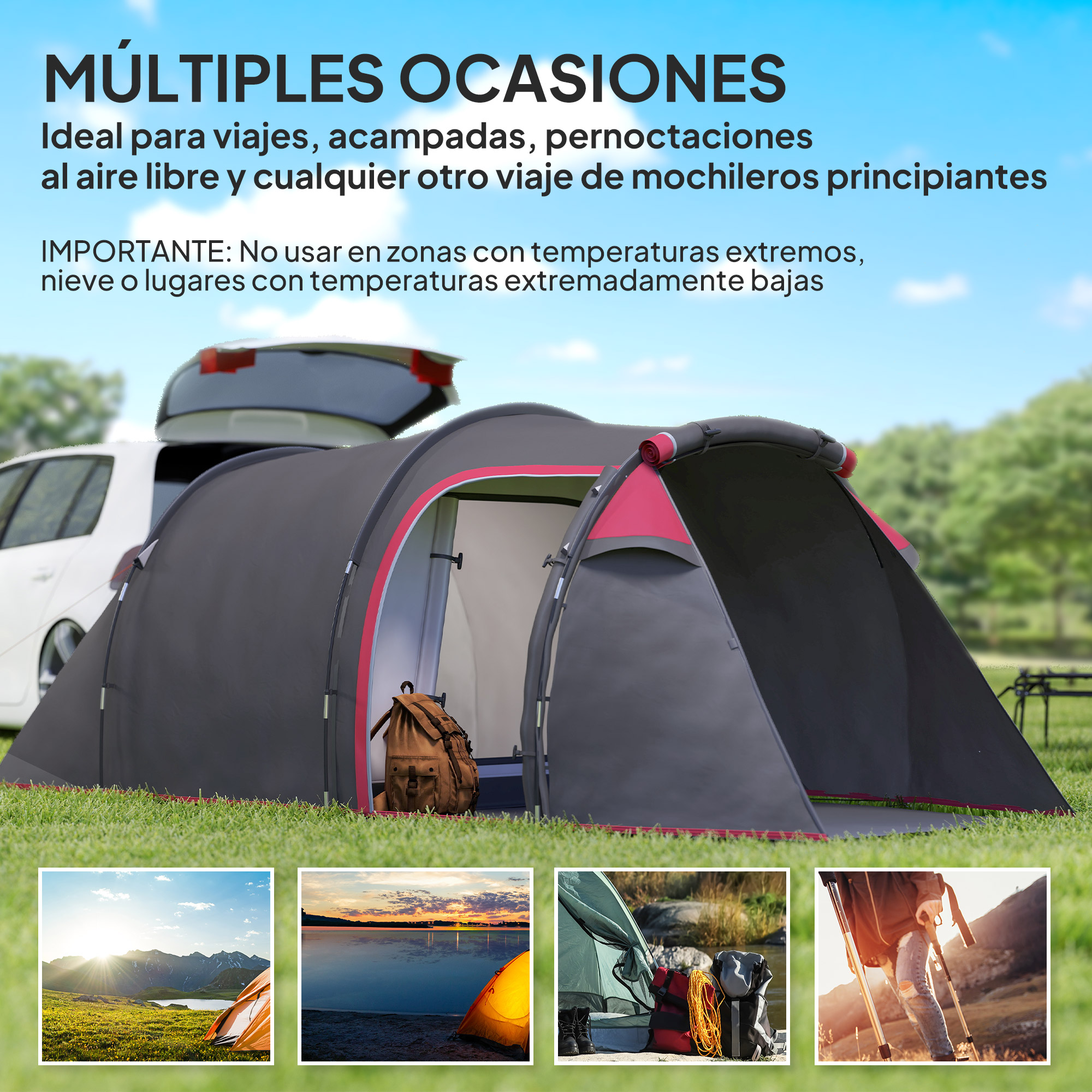 Una tienda gris en césped junto a un coche. Abajo, cuatro imágenes de camping.