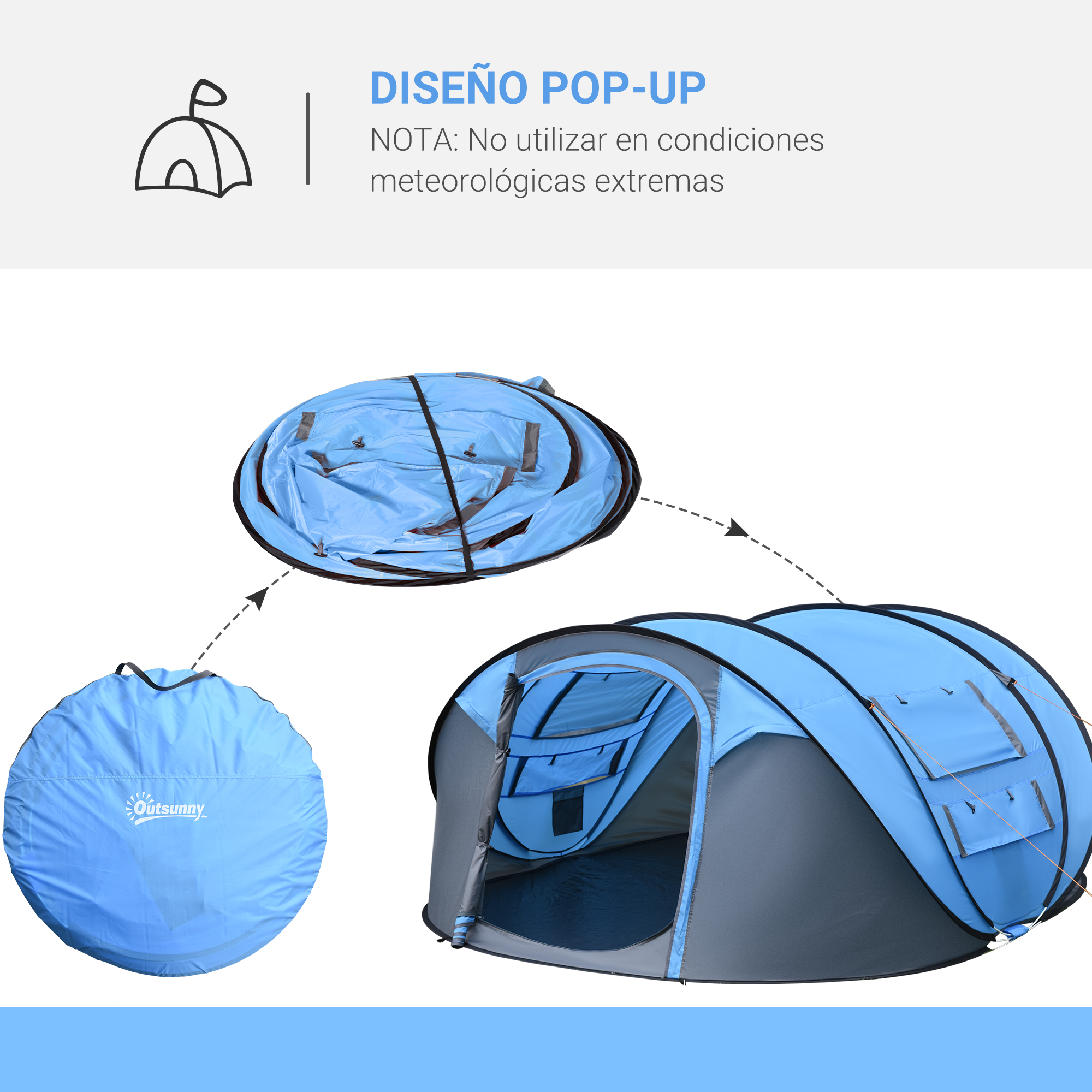 Una tienda de campaña azul pop-up, plegada y desplegada.