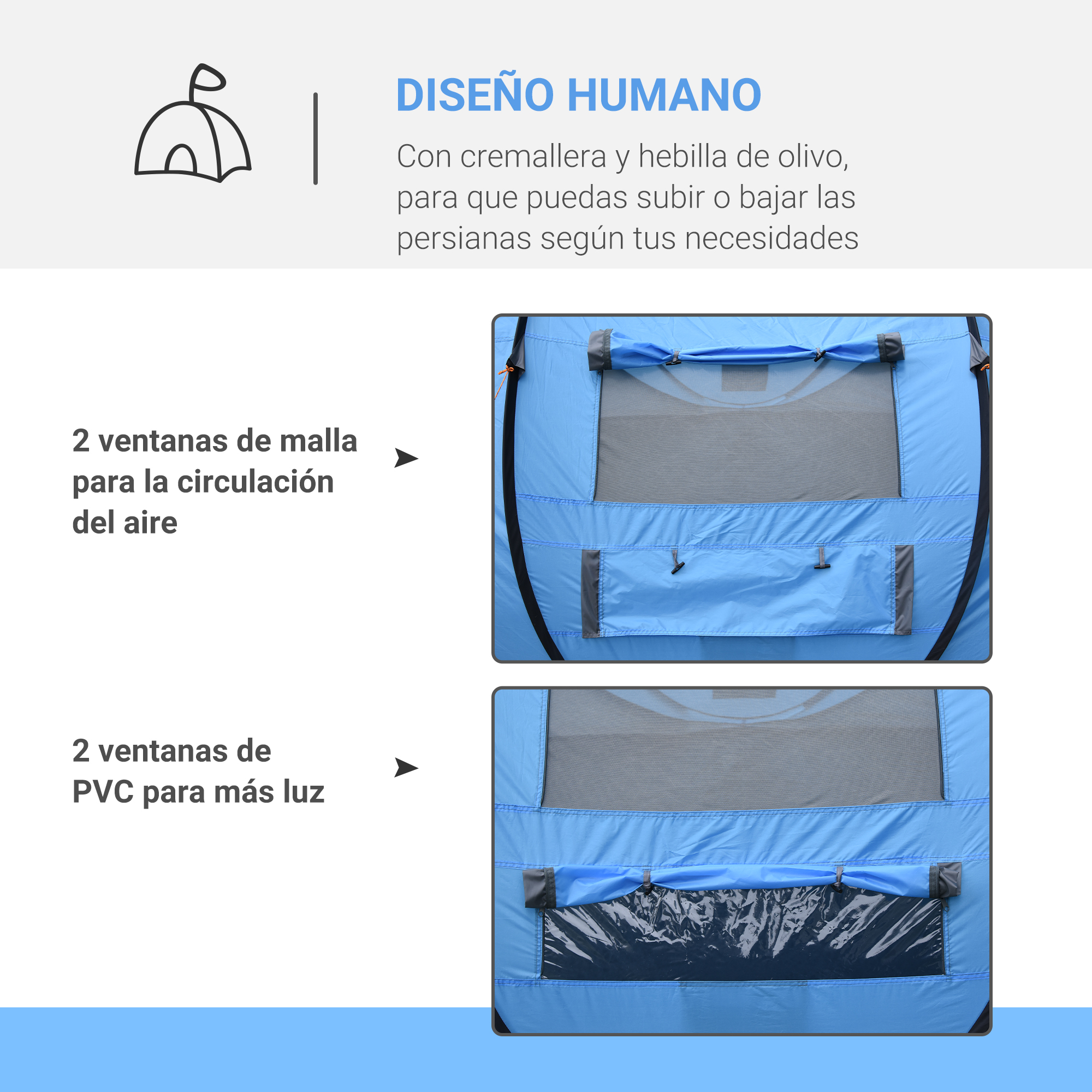 Tienda de campaña azul con ventanas de malla y PVC.