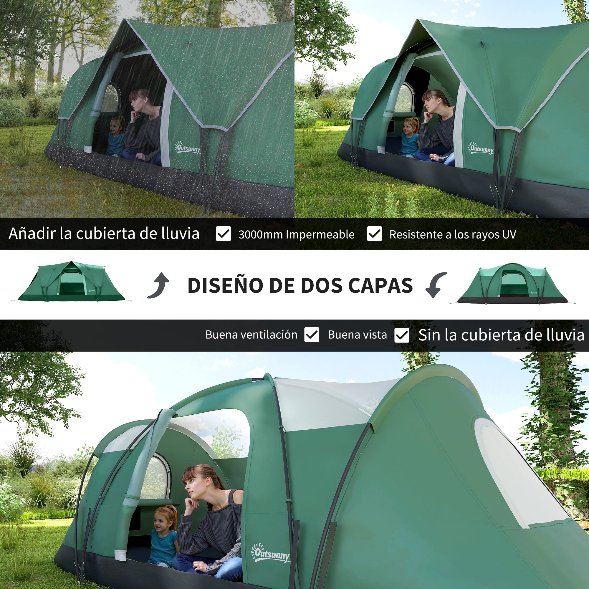 Tienda verde con dos personas, impermeable 3000mm, resistente UV.