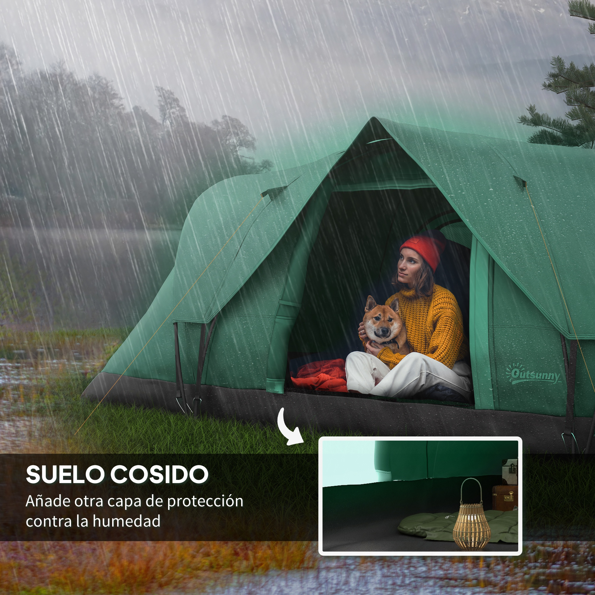 Tienda verde bajo la lluvia, mujer con perro, linterna y mantas dentro.