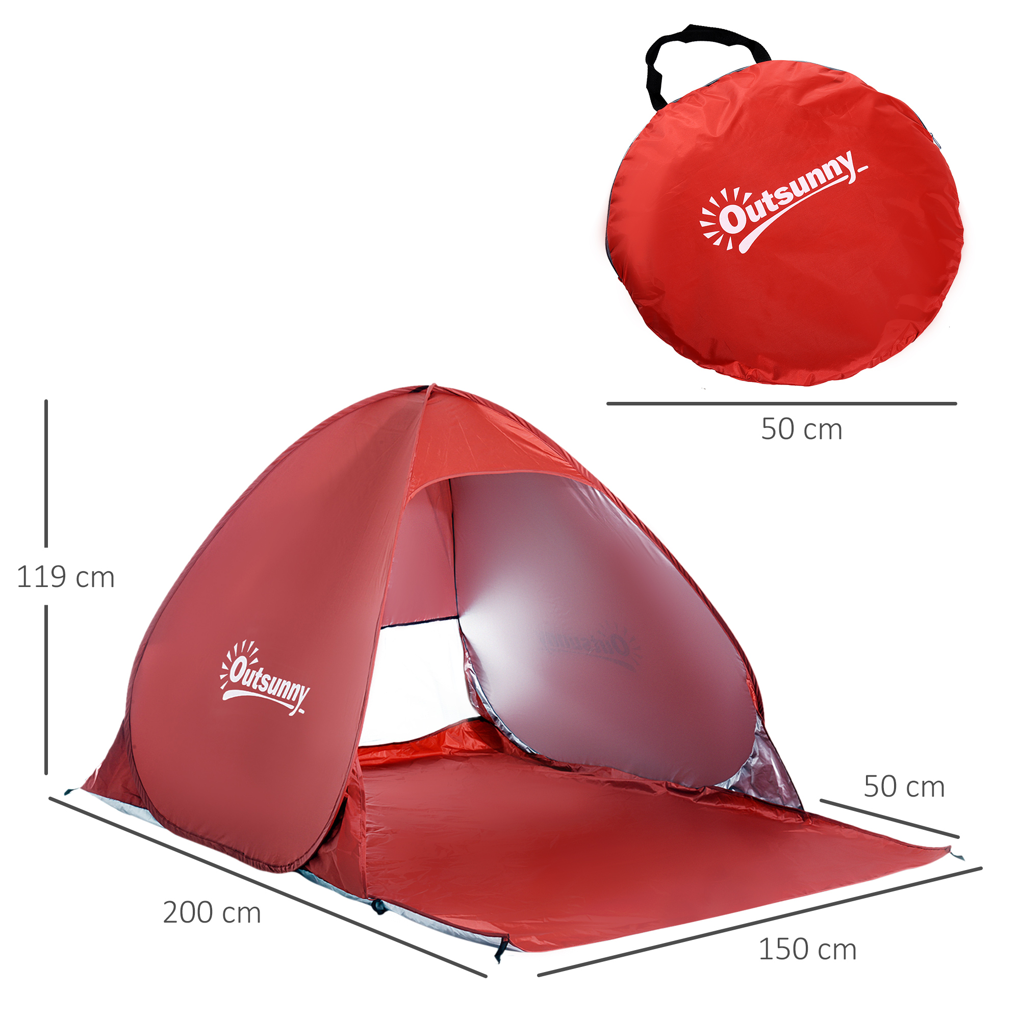 Una tienda de campaña roja plegable con alfombrilla y bolsa redonda plegada al lado.