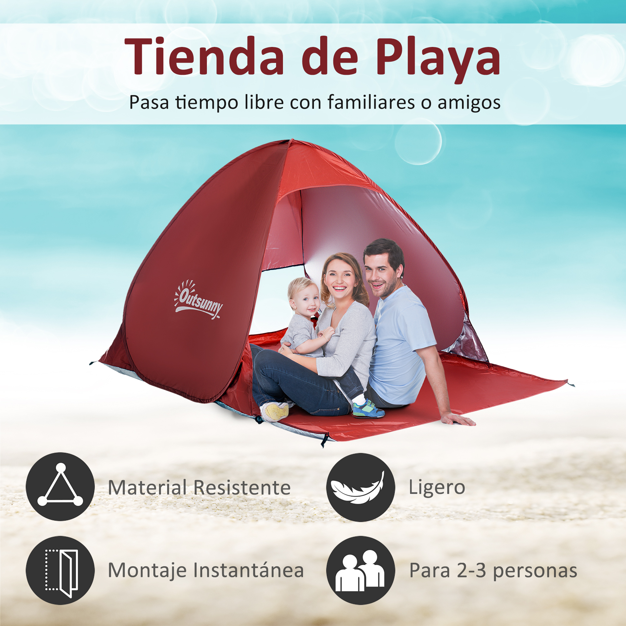 Familia sentada en una carpa de playa roja en la arena. "Tienda de Playa" arriba.