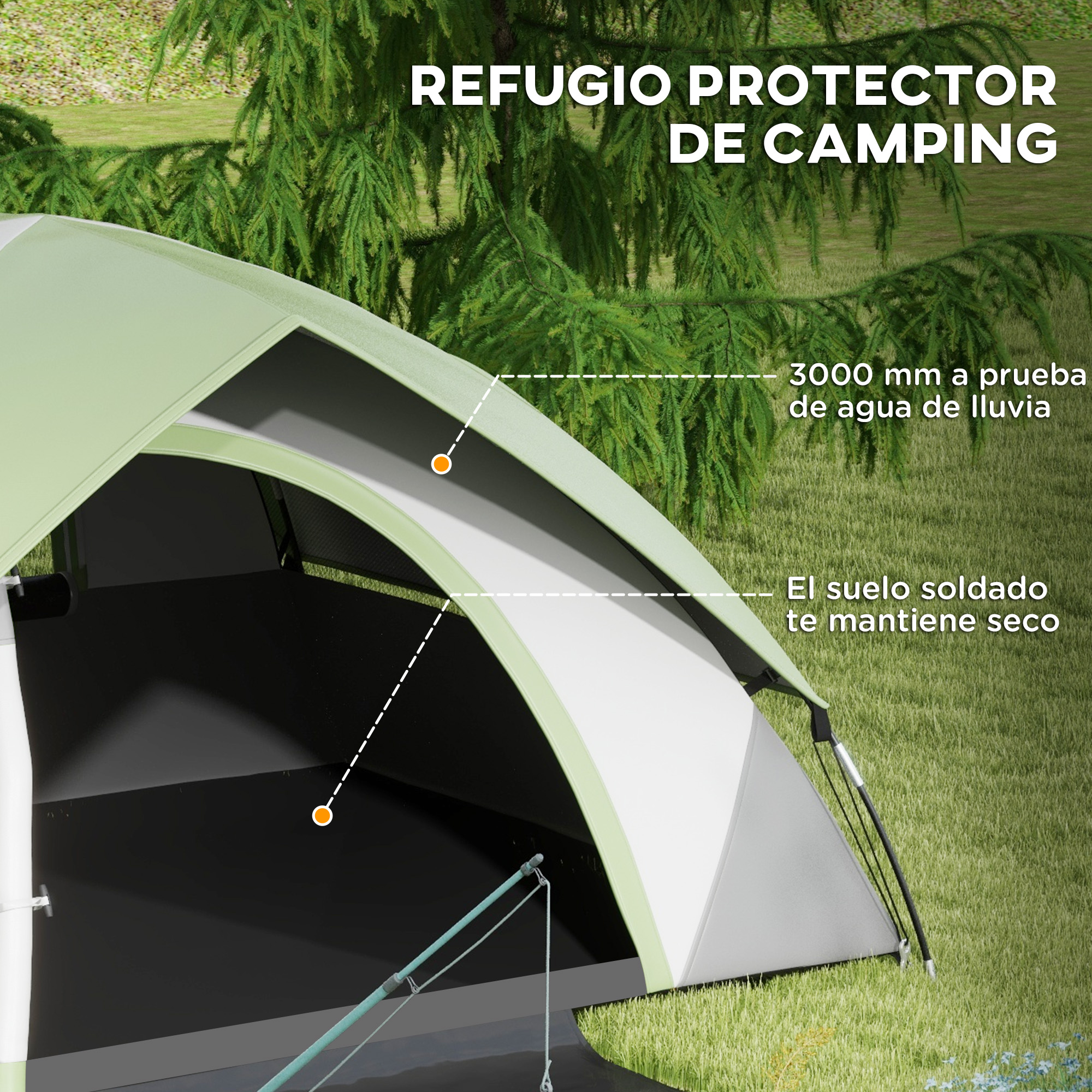 Tienda de campaña verde y blanca con texto sobre impermeabilidad.