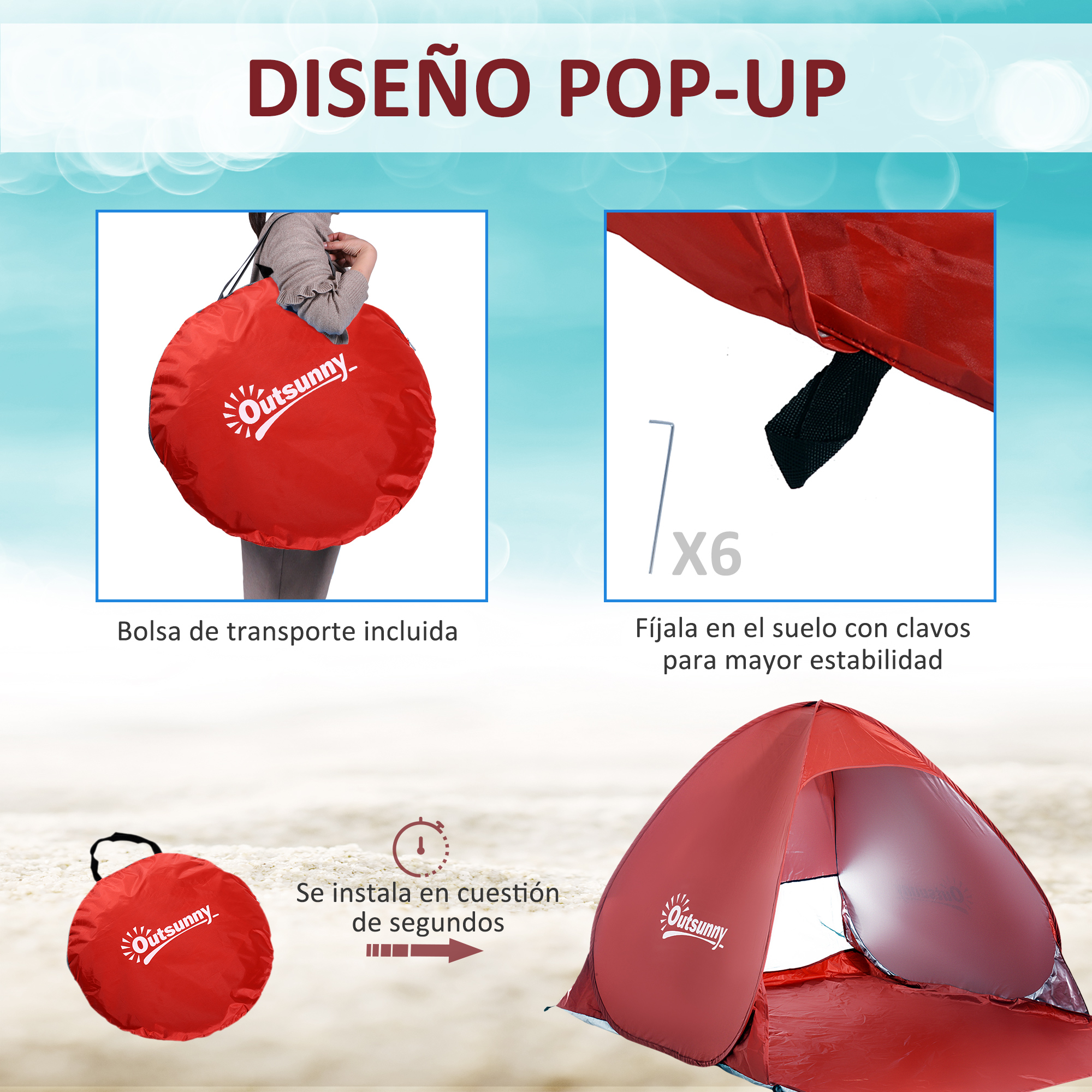 Tienda pop-up roja con bolsa, estacas e indicador de montaje.