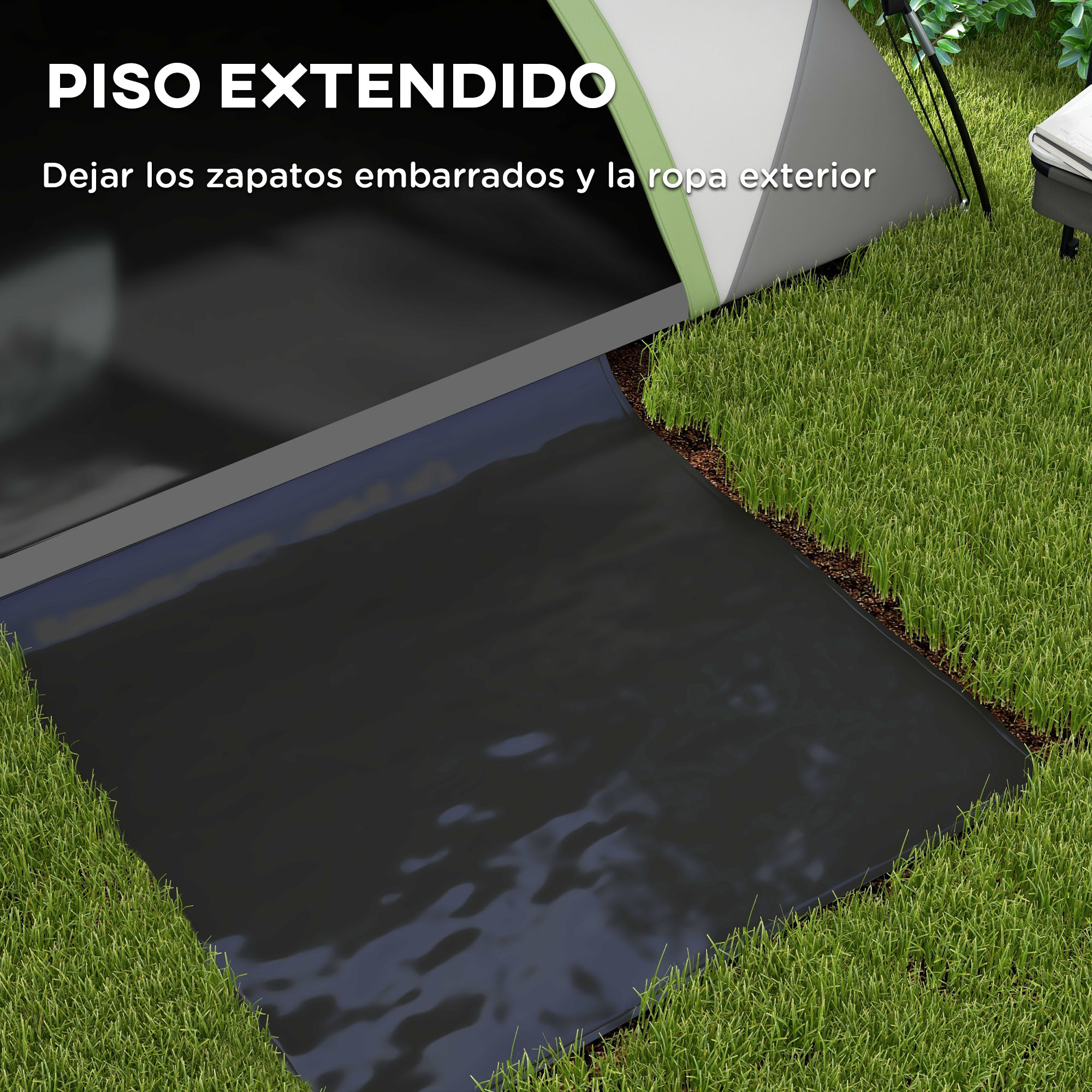 Una tienda con suelo extendido se posa sobre hierba verde, manteniendo limpios los zapatos.