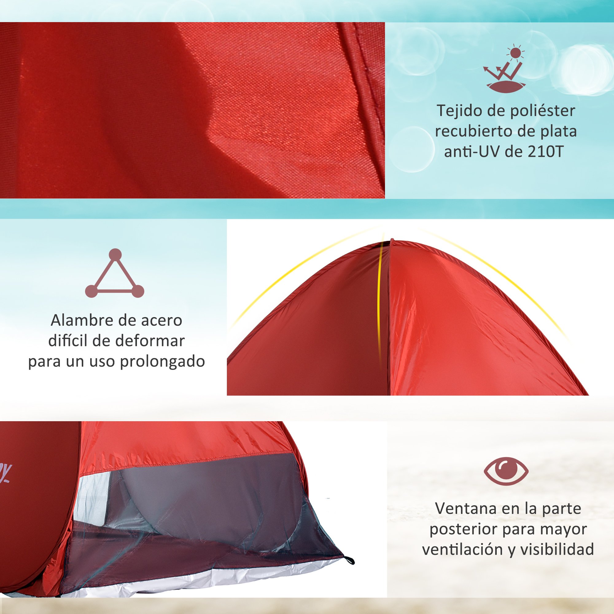 Tela de tienda roja con recubrimiento plateado, marco de acero, ventana.