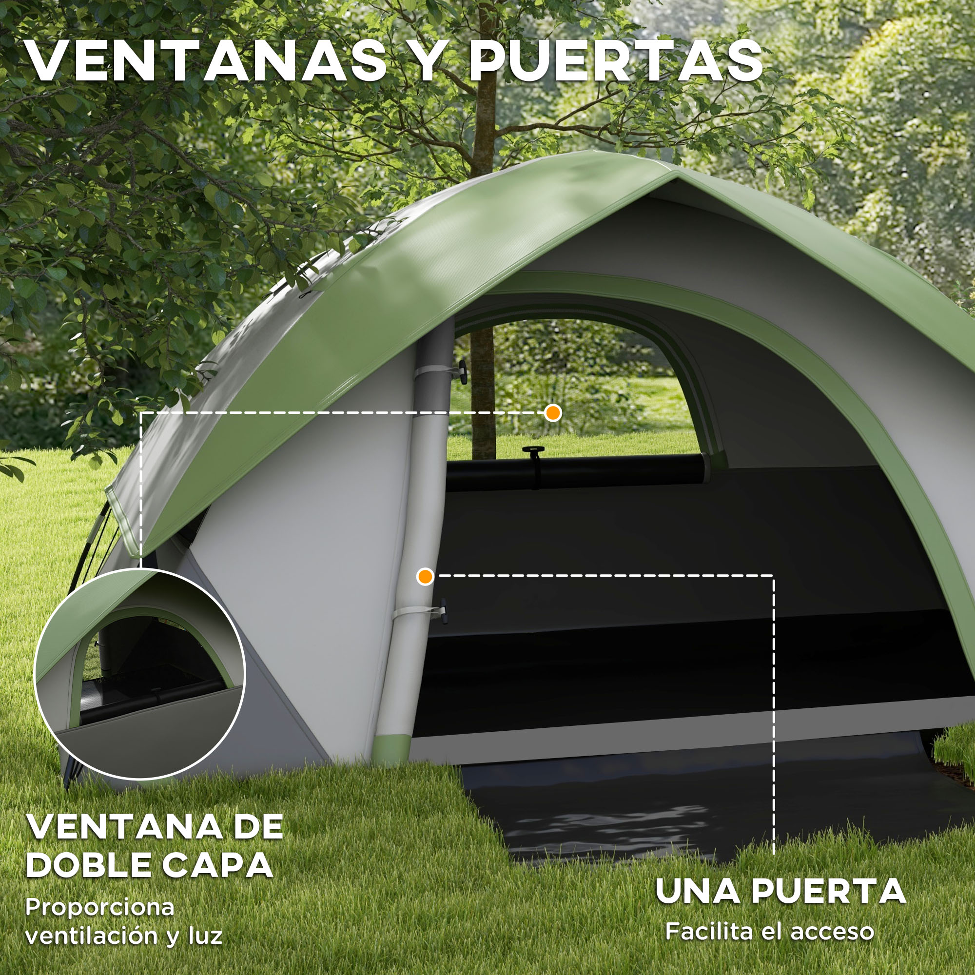Una tienda verde y gris sobre césped con árboles al fondo.