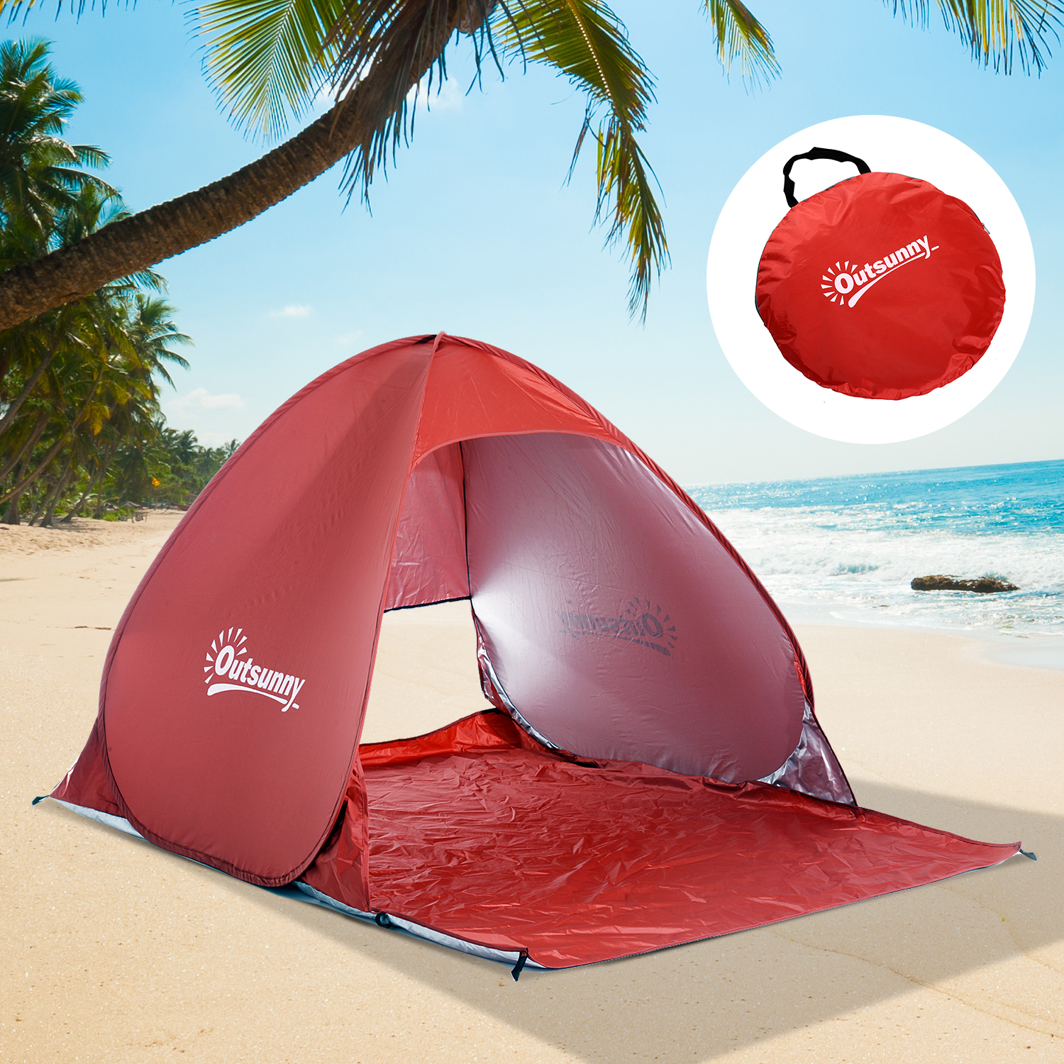 Una carpa de playa emergente roja está montada en una playa de arena con palmeras y el mar de fondo.