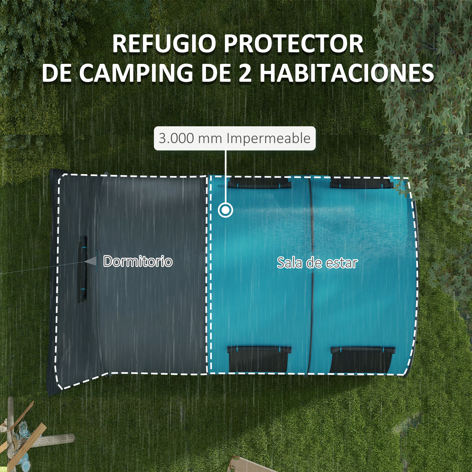 Refugio de camping de 2 habitaciones, impermeable 3000mm.
