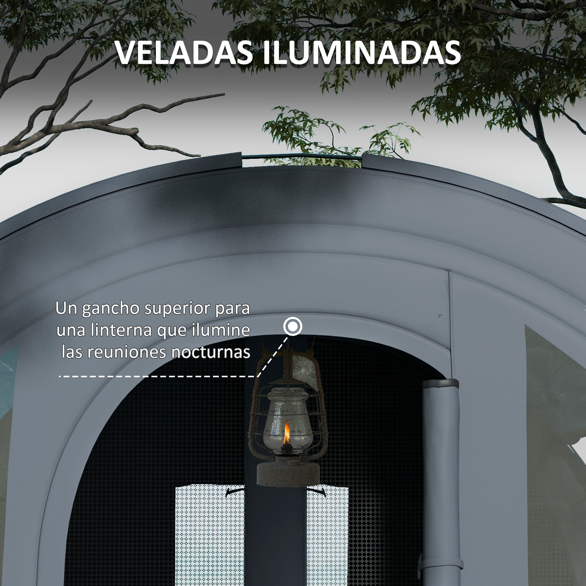 Tienda iluminada con un gancho para linterna nocturna.
