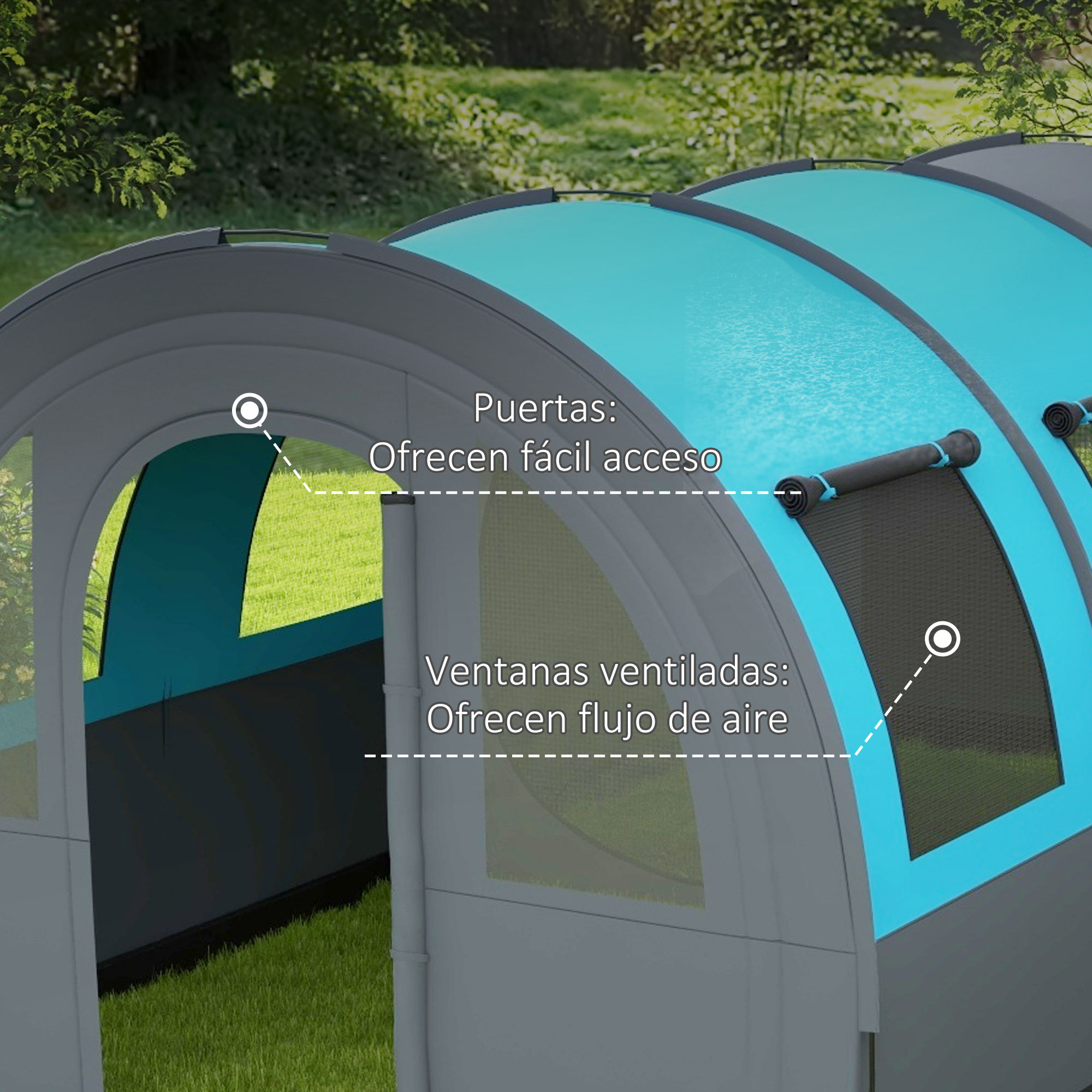 Una estructura de carpa gris y azul al aire libre sobre césped verde.