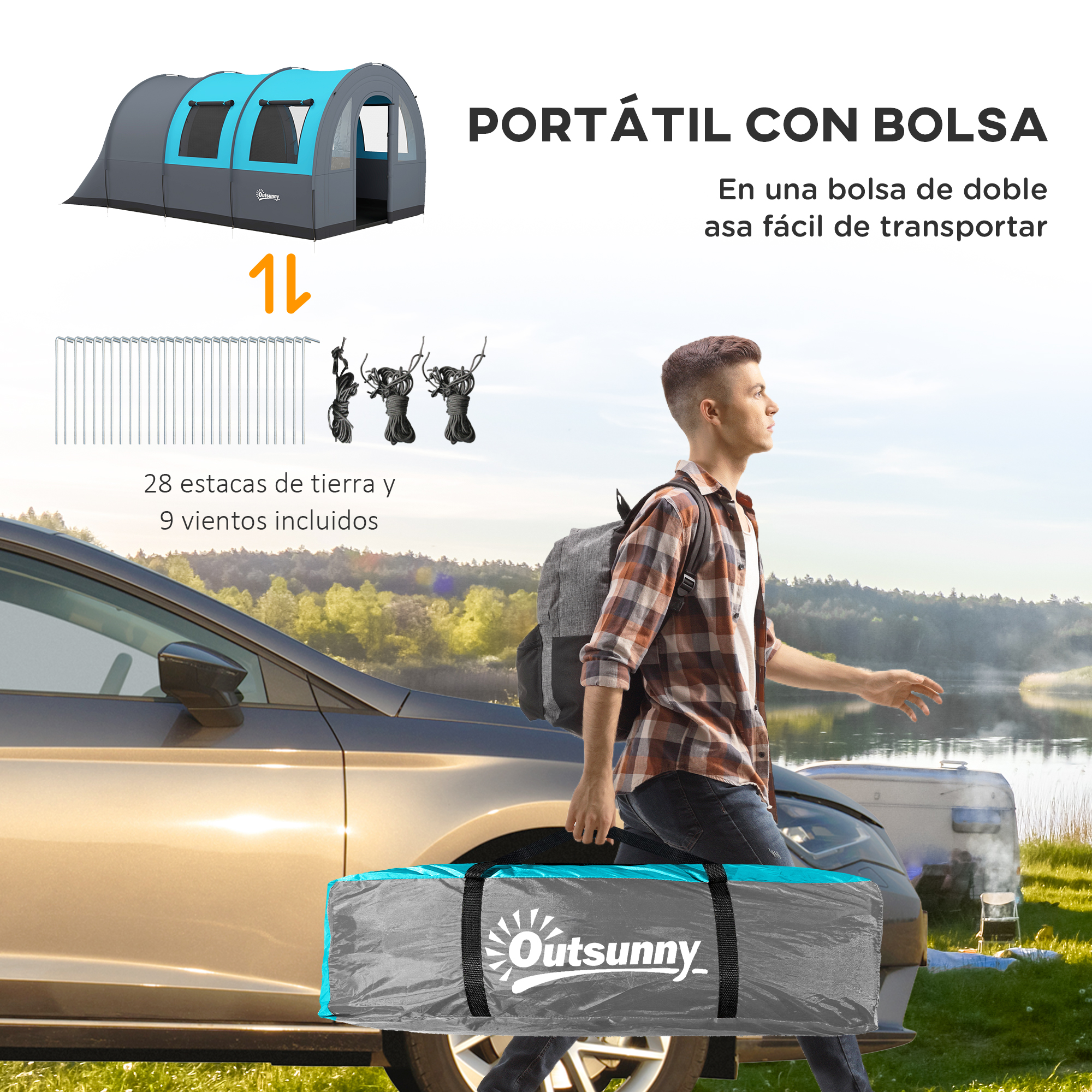 Un hombre lleva una tienda en una bolsa junto a un coche y un lago.