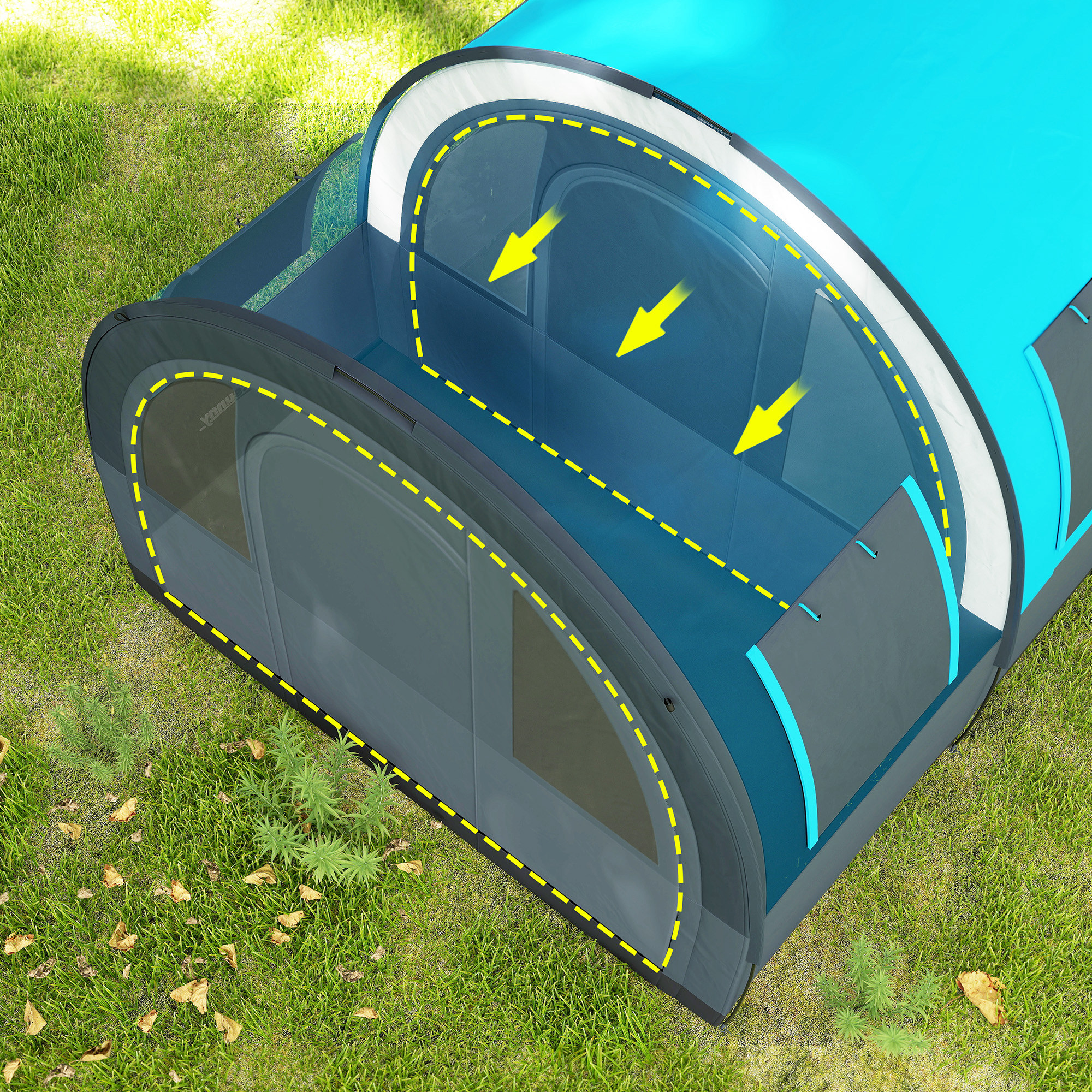 Un sobretecho de carpa azul que muestra el flujo de aire con flechas amarillas.