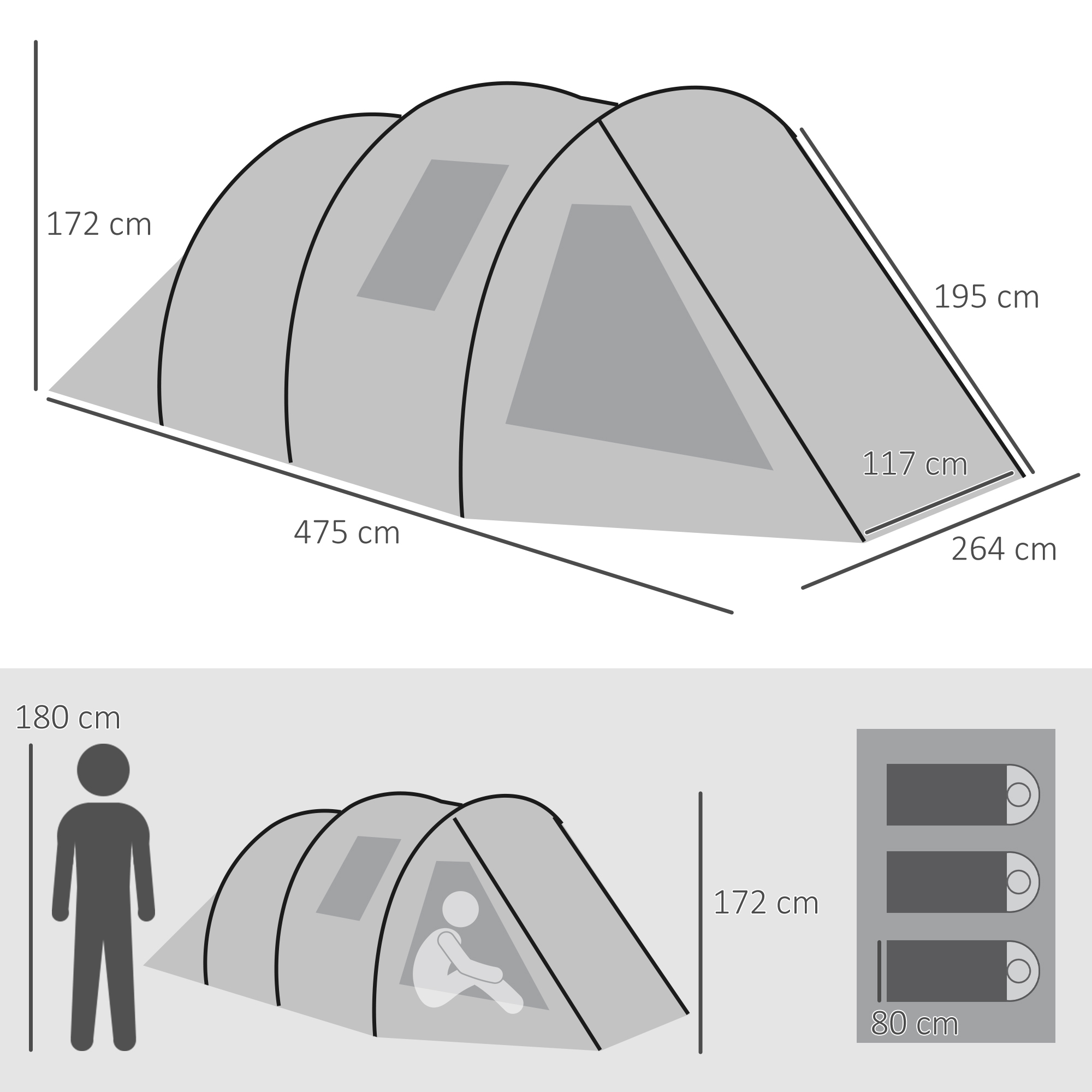 Dimensiones tienda: 475cm L, 195cm An, 172cm Al. Muestra escala persona y 3 sacos.