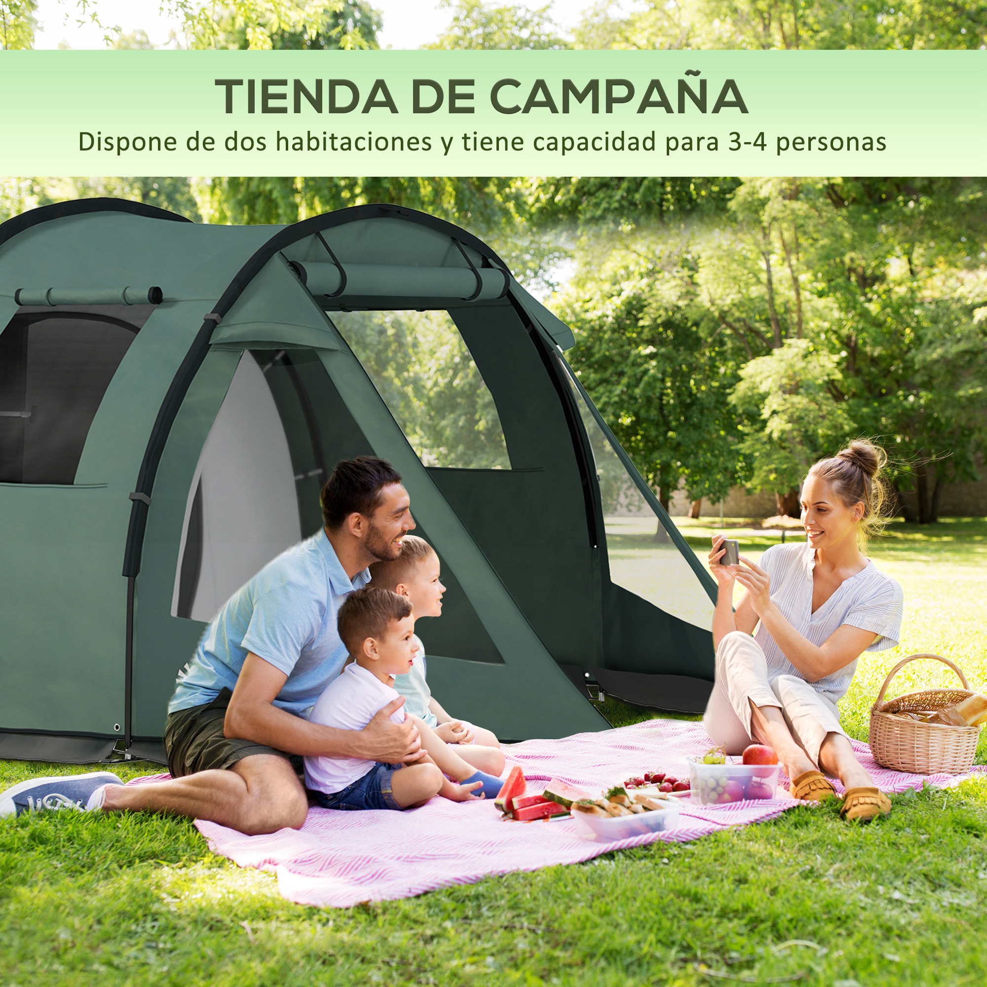 Familia disfruta picnic frente a una carpa verde al aire libre.