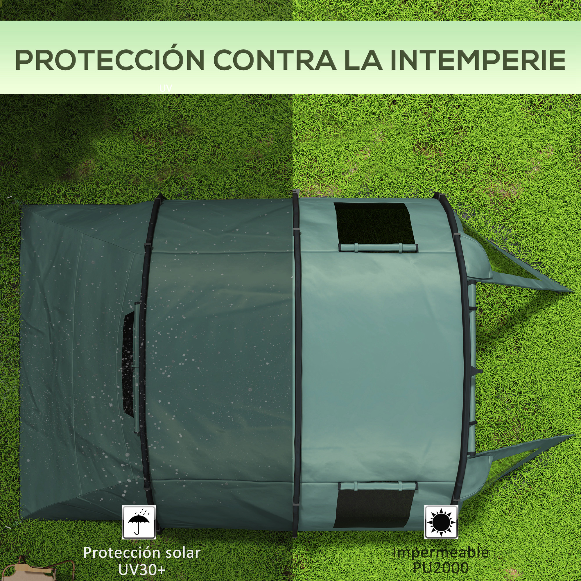 Tienda verde sobre césped, con etiqueta "Protección contra la intemperie".