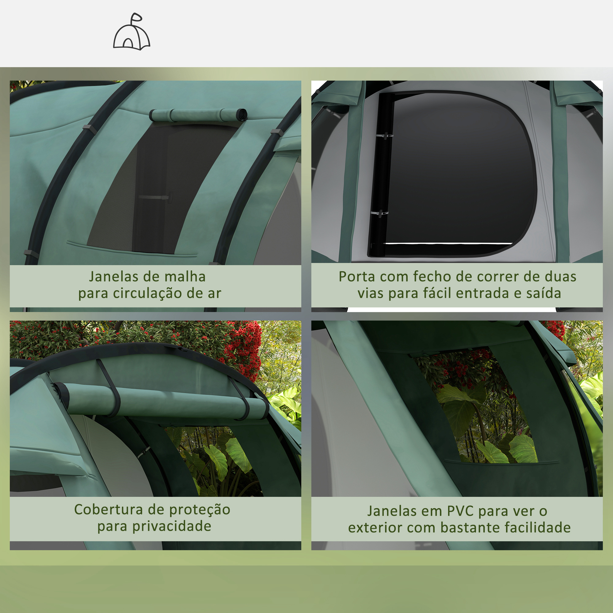 Tienda verde con ventanas de malla, puerta corredera, ventanas de PVC y cubierta.