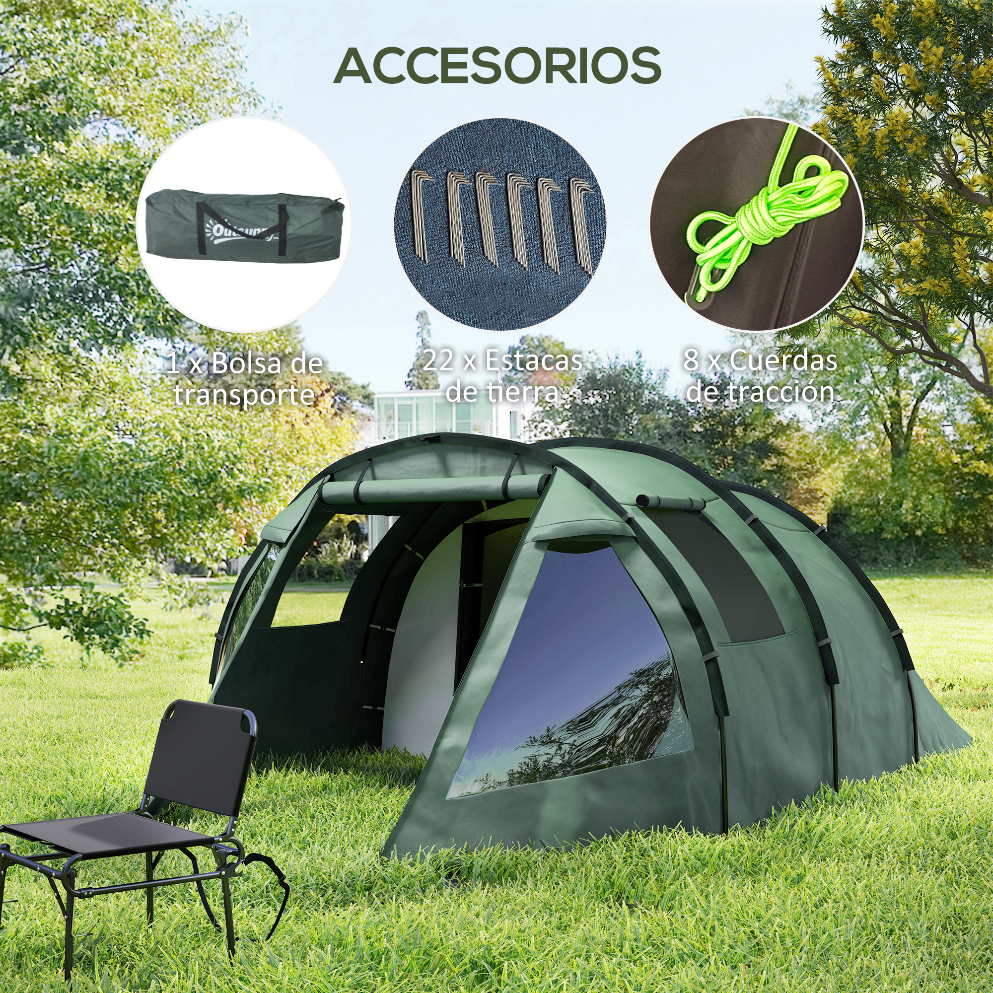 Accesorios de tienda de campaña verde: bolsa, estacas, cuerdas. Silla delante.