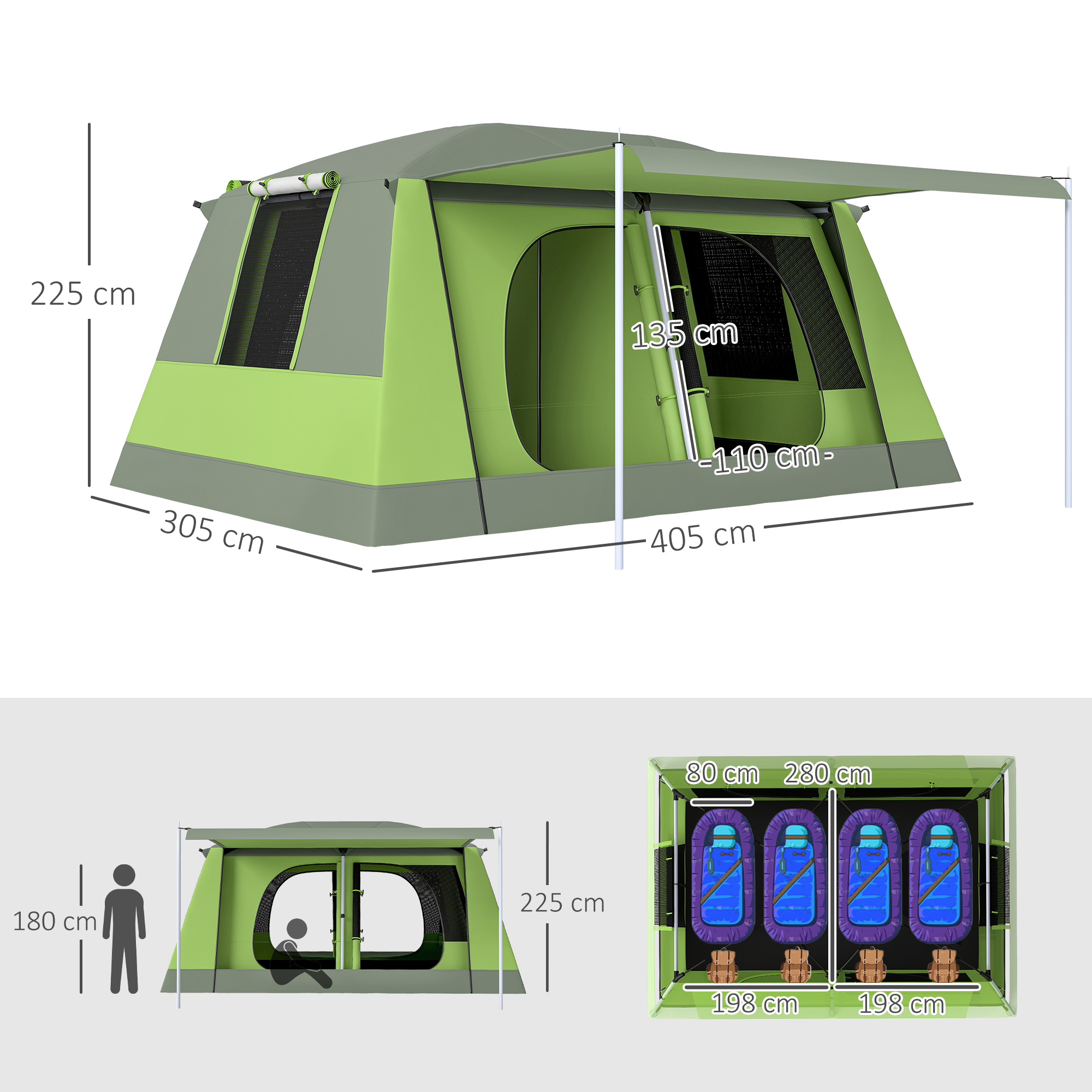Tienda verde y gris con dimensiones 405x305x225cm. Cuatro áreas para dormir.