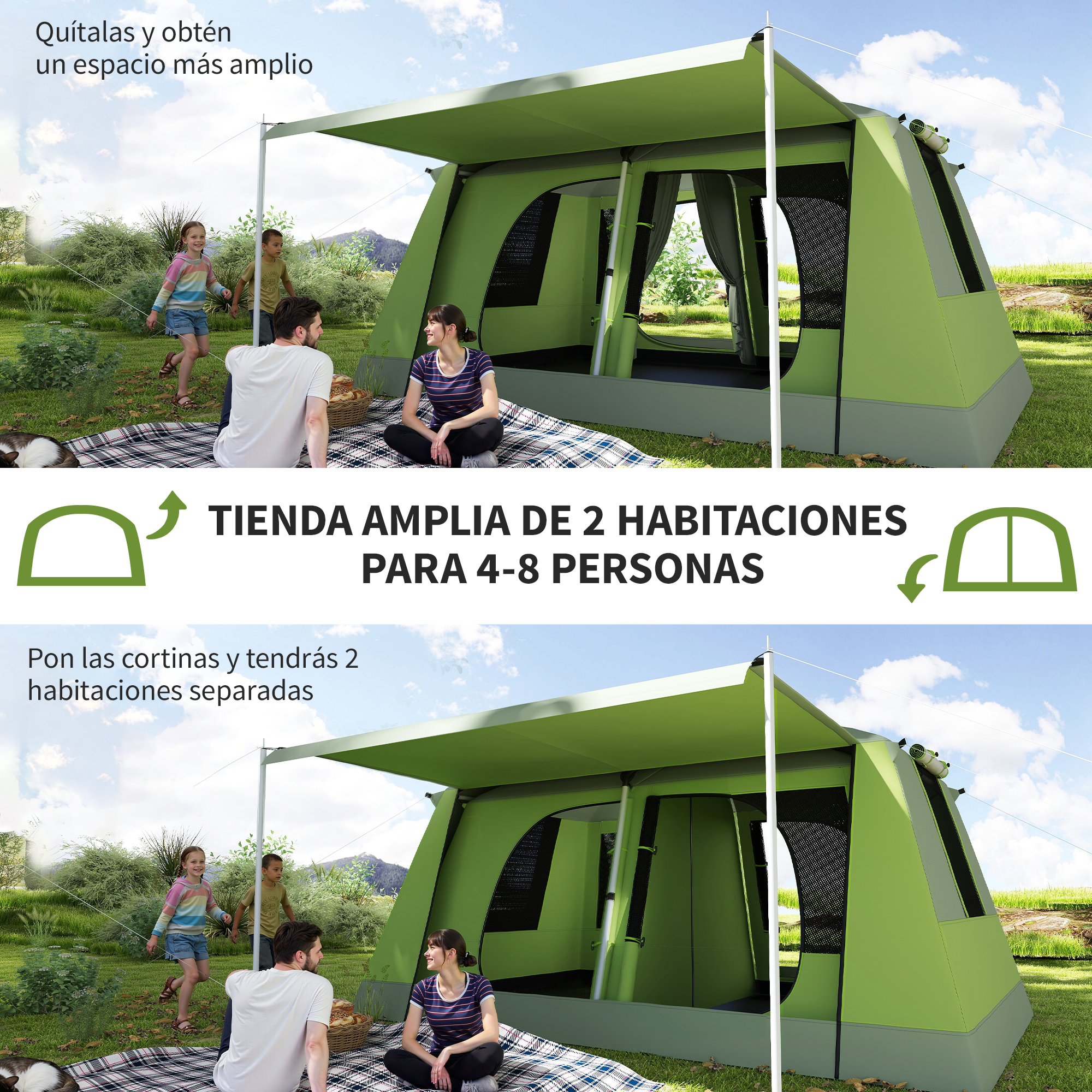 Tienda verde con familia e hijos al aire libre.