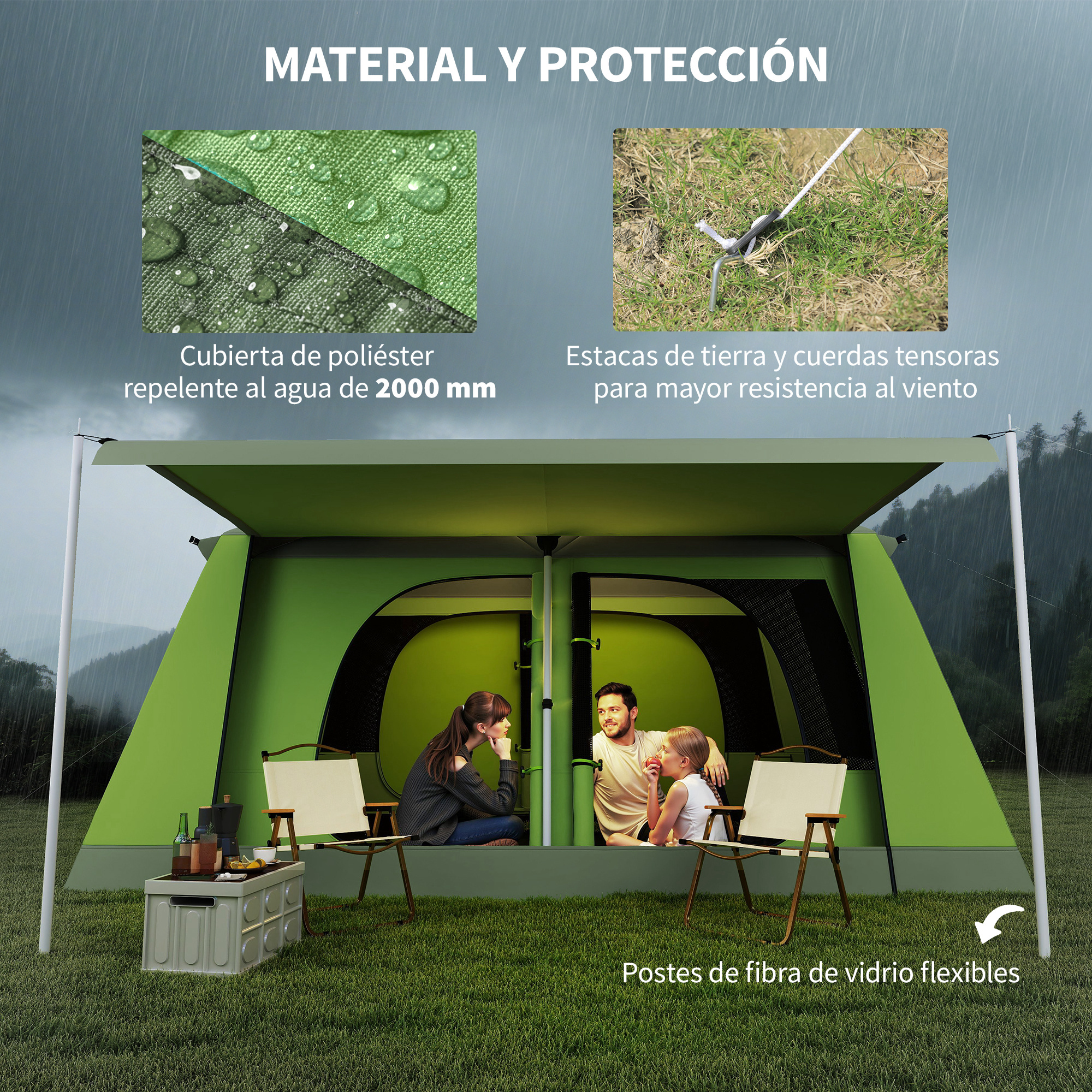 Tienda verde bajo la lluvia con familia, detalles de impermeabilidad y viento.