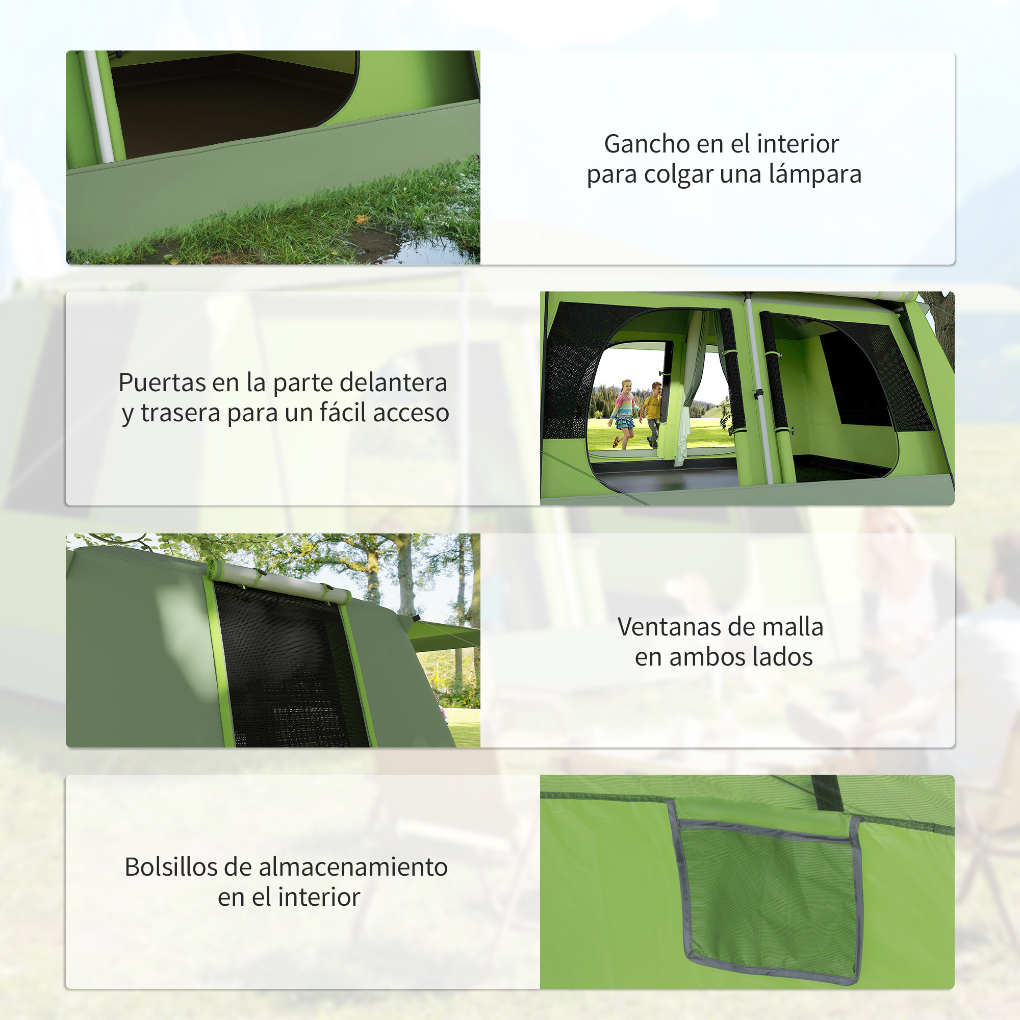 Tienda verde mostrando características interiores: puertas, bolsillos, gancho, ventanas.