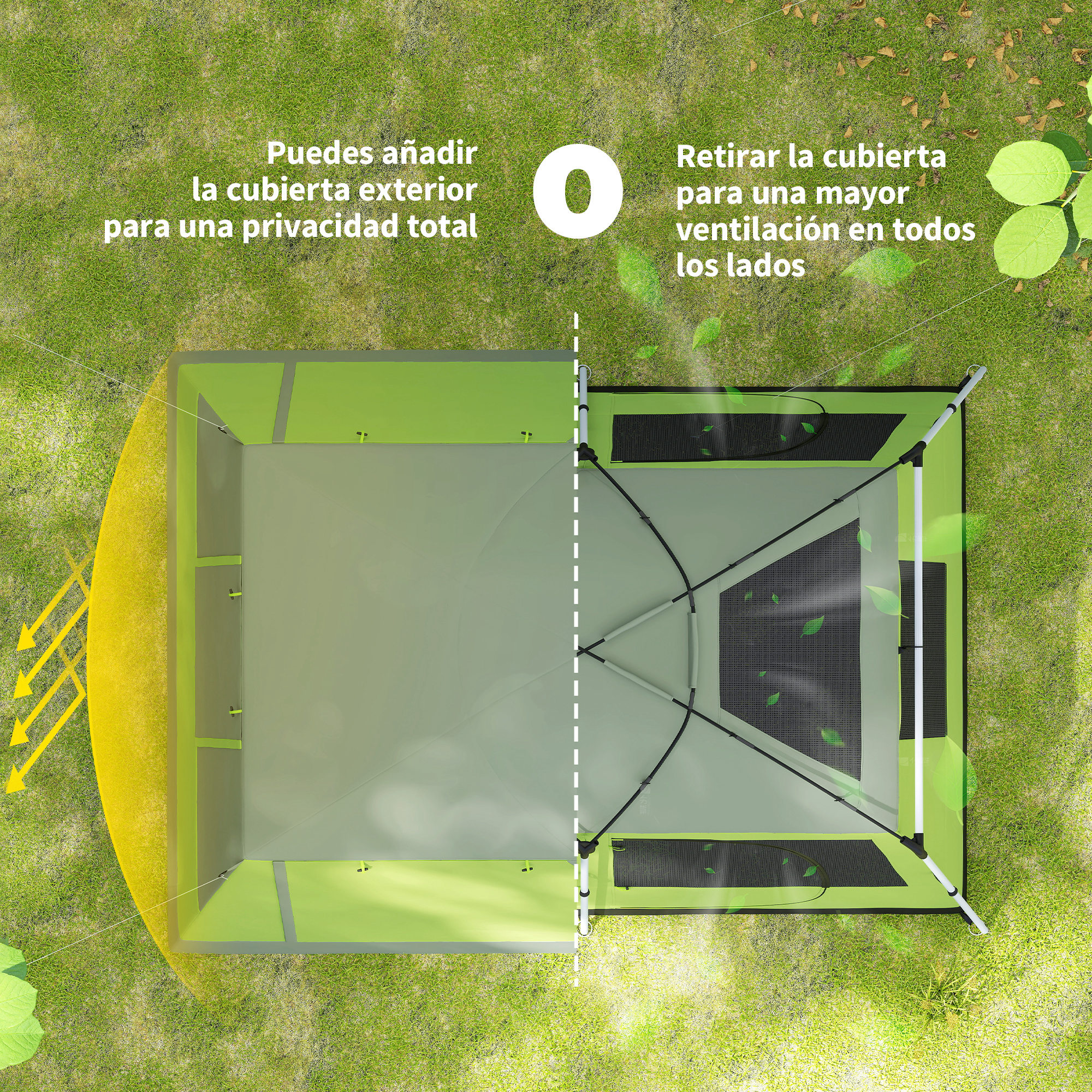 Tienda verde con dos lados: uno para privacidad, otro ventilado.