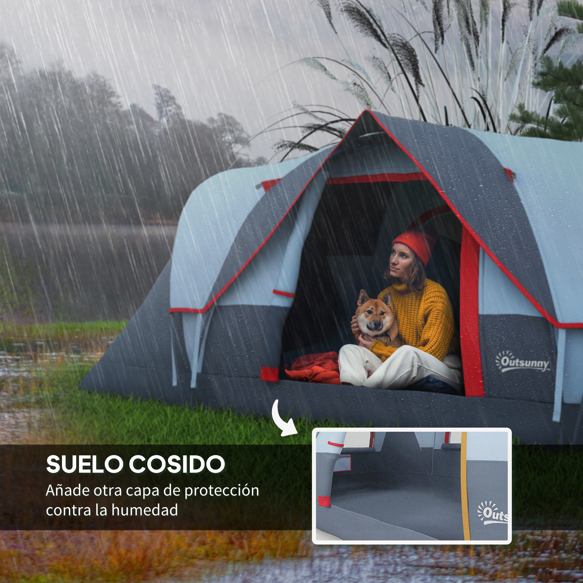 Un perro y una mujer dentro de una tienda de campaña bajo la lluvia.