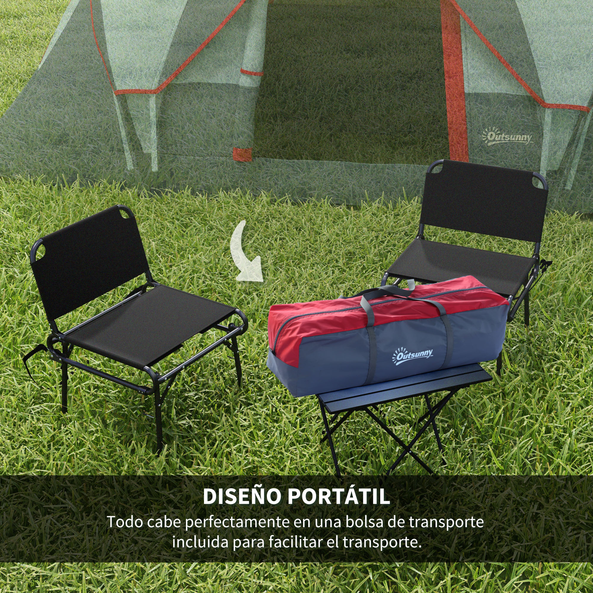Dos sillas de camping negras y una bolsa frente a una tienda verde.