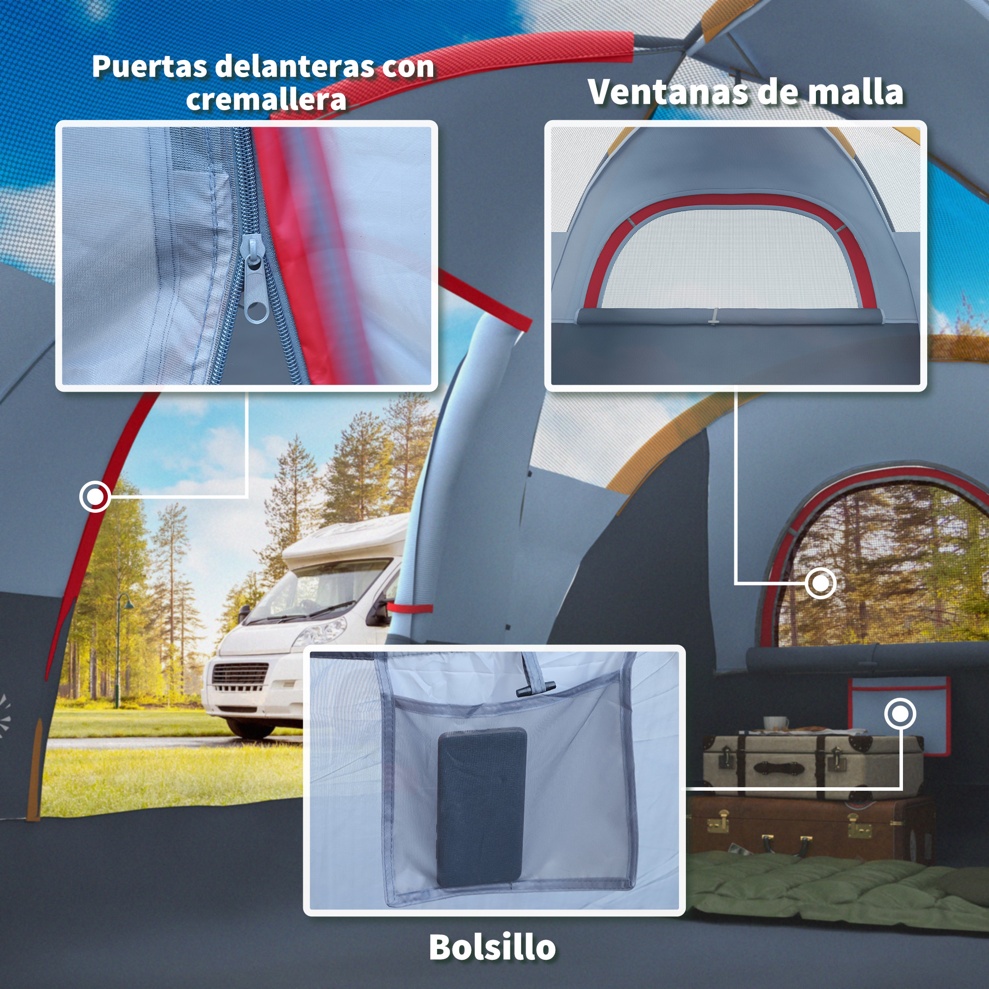 Una tienda con cremallera, ventanas, bolsillo y vista de autocaravana.