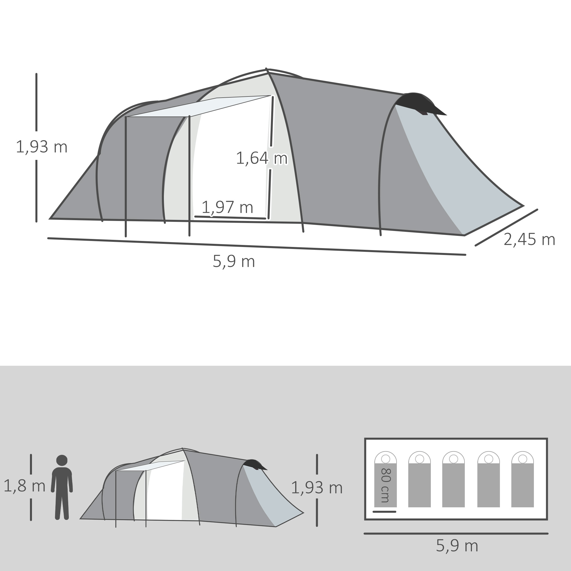 Dimensiones tienda: 5,9 m L, 2,45 m A, 1,93 m Al. Interior: 1,97 m L, 1,64 m Al.