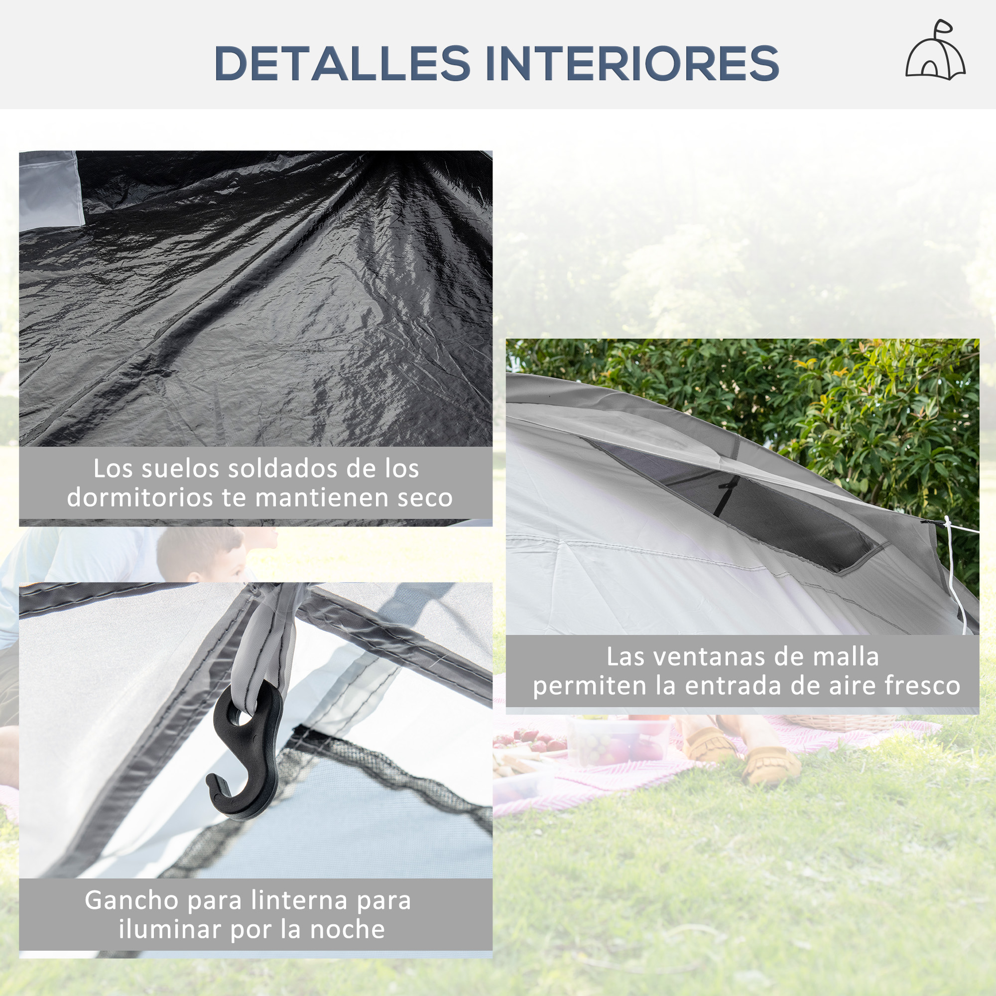 Detalles interiores de una tienda: suelo sellado, gancho y ventanas de malla.