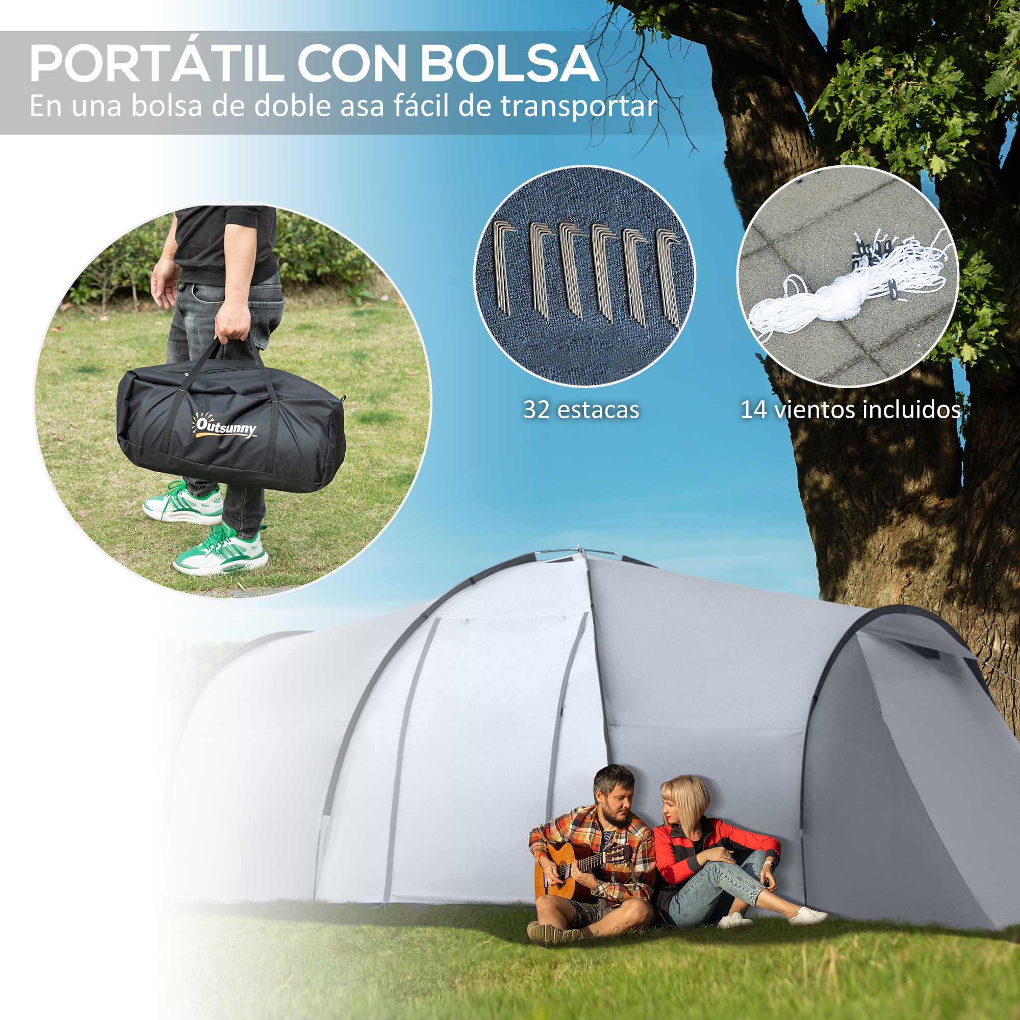 Un hombre lleva una bolsa negra. Se incluyen 32 estacas y 14 vientos.
