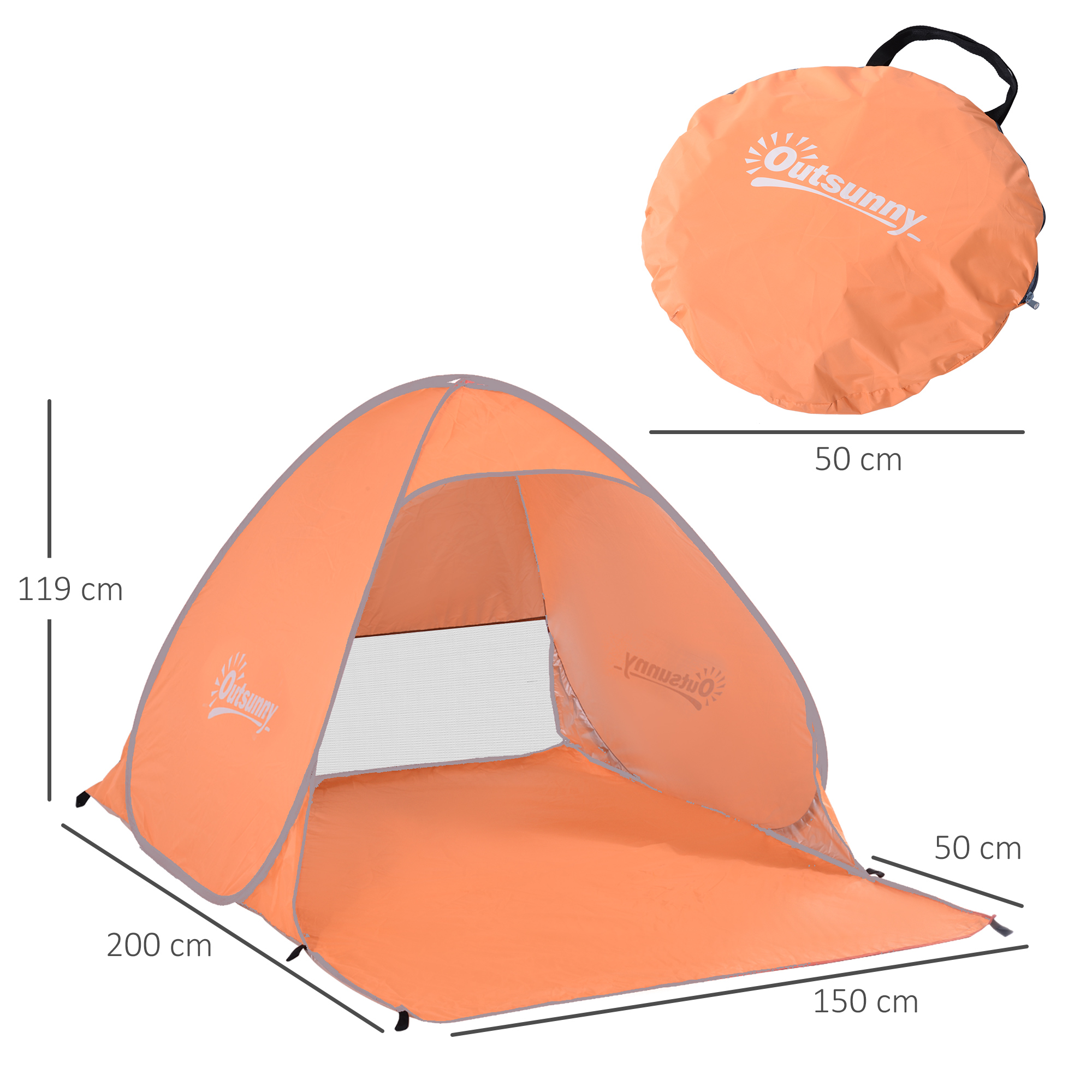 Una tienda de playa pop-up naranja con ventana de malla y dimensiones sobre fondo blanco.