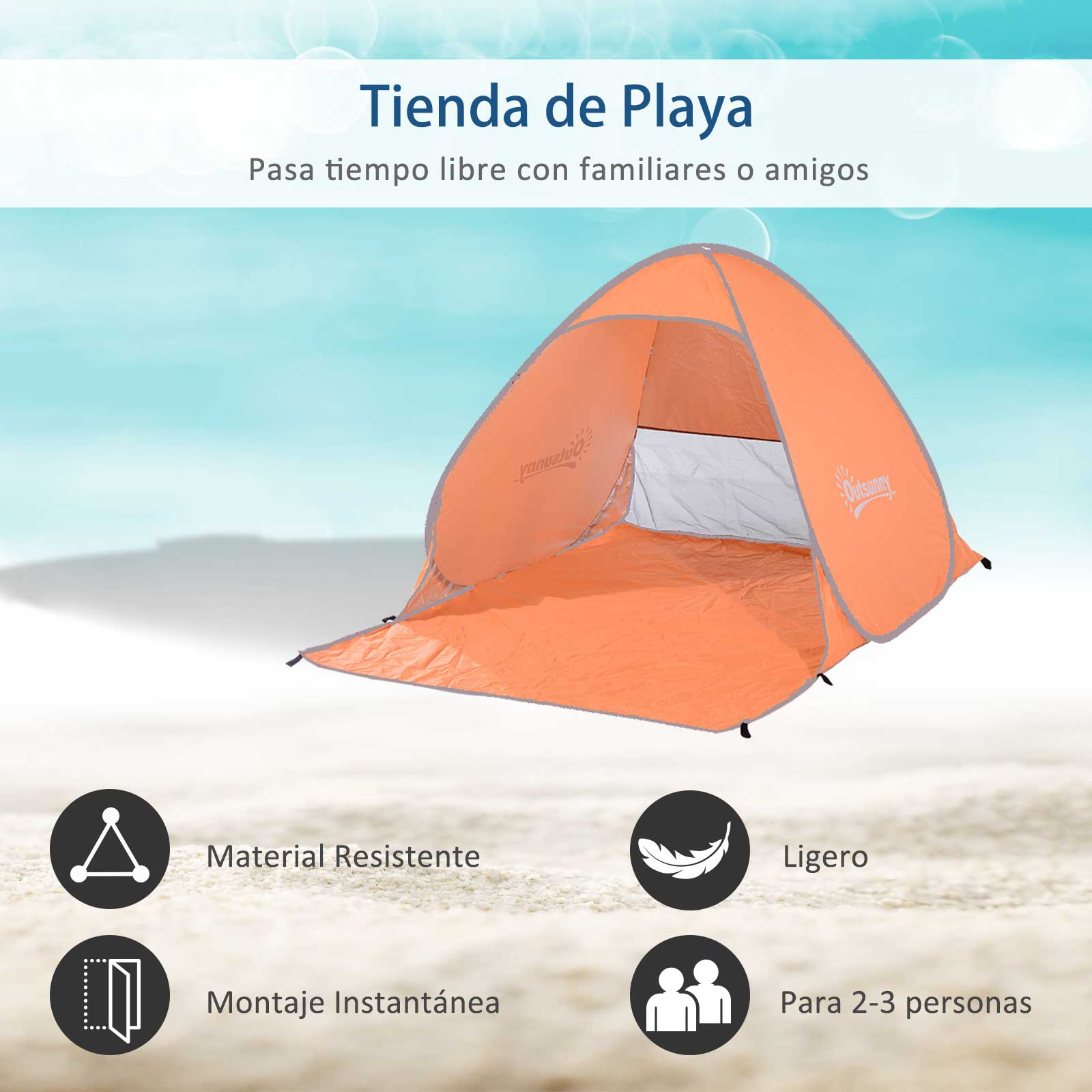 Tienda de playa naranja con suelo, en arena, con iconos de material, montaje, peso y capacidad.