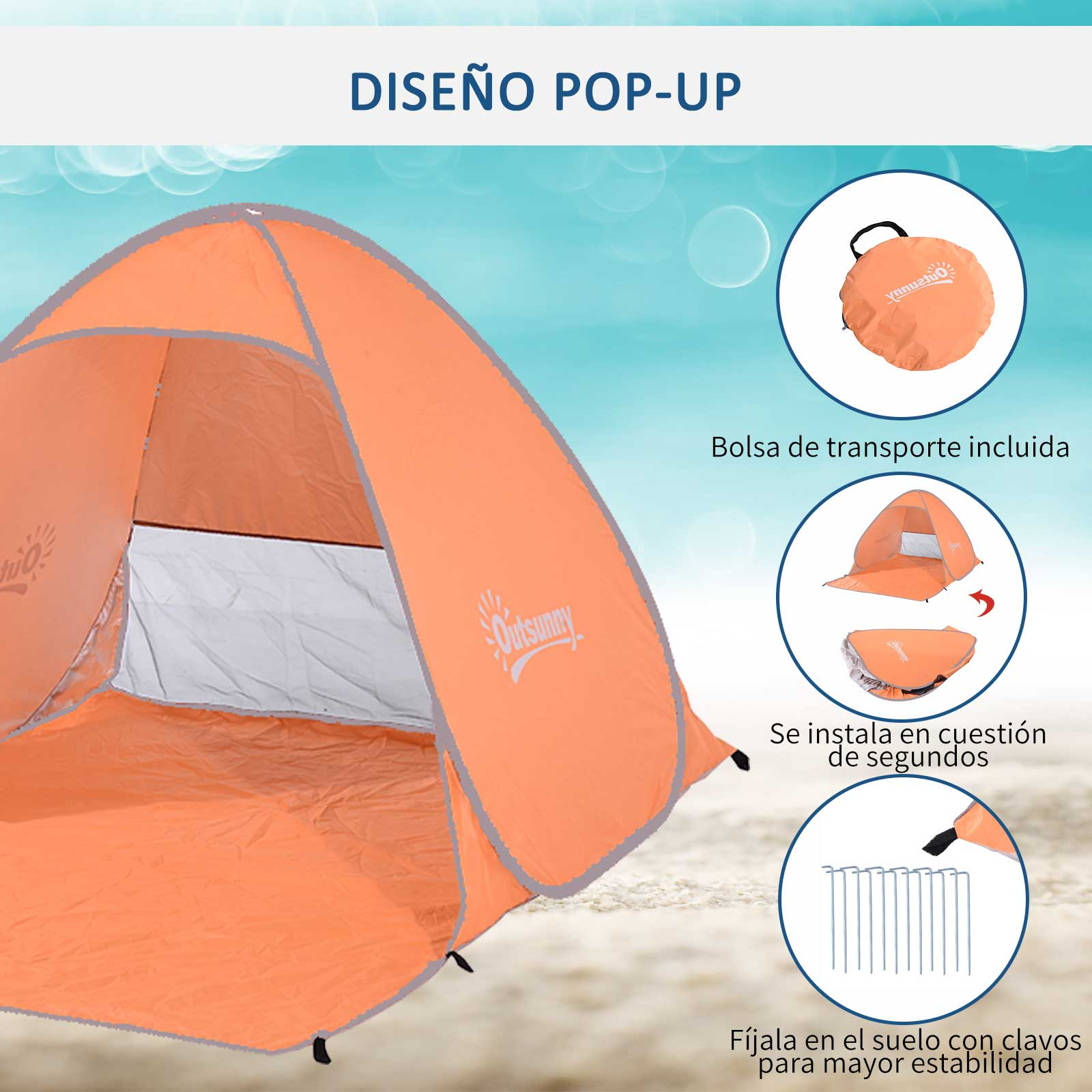 Una carpa de playa naranja tipo pop-up, abierta, con accesorios y estacas.