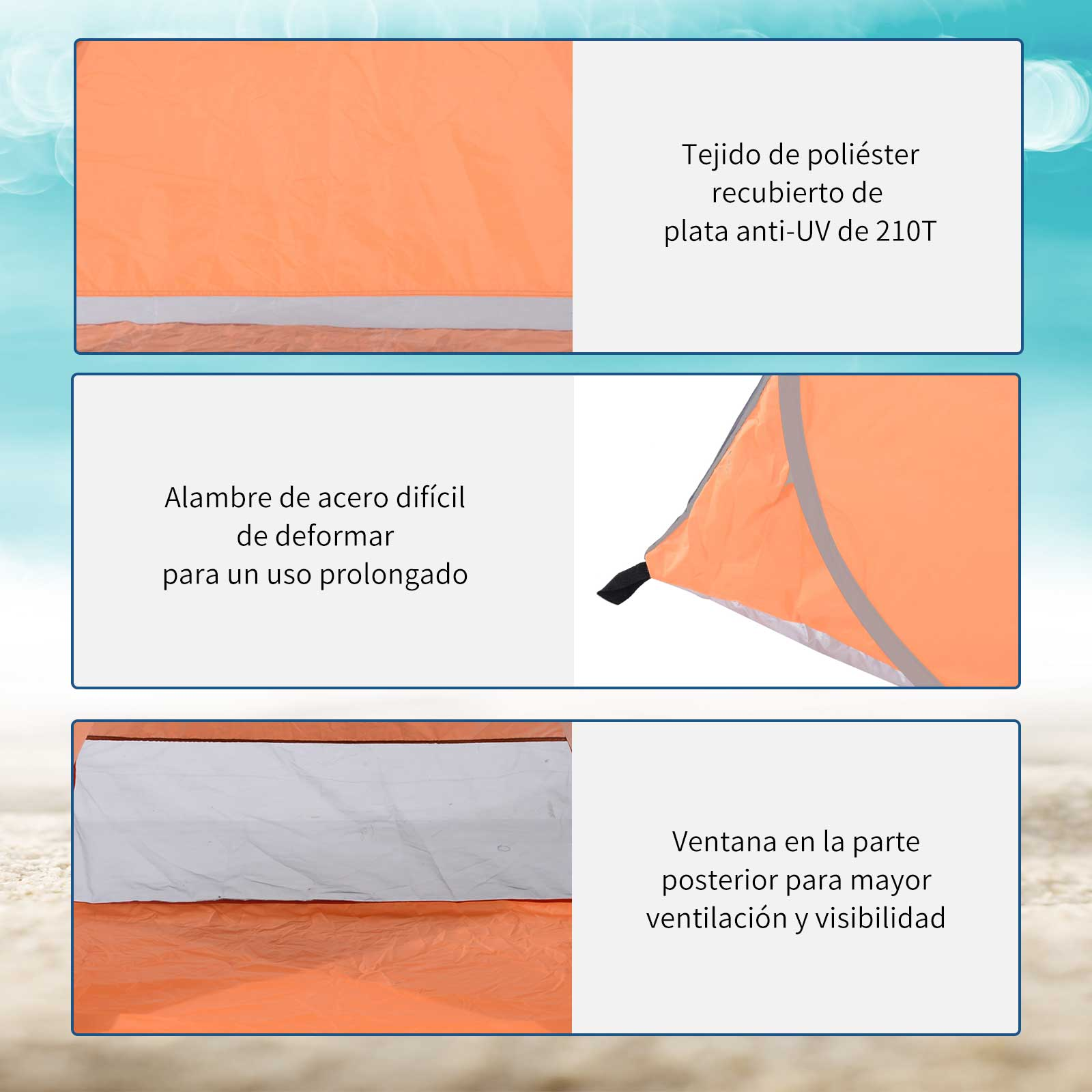 Material de tienda naranja con marco de acero y ventana de ventilación.