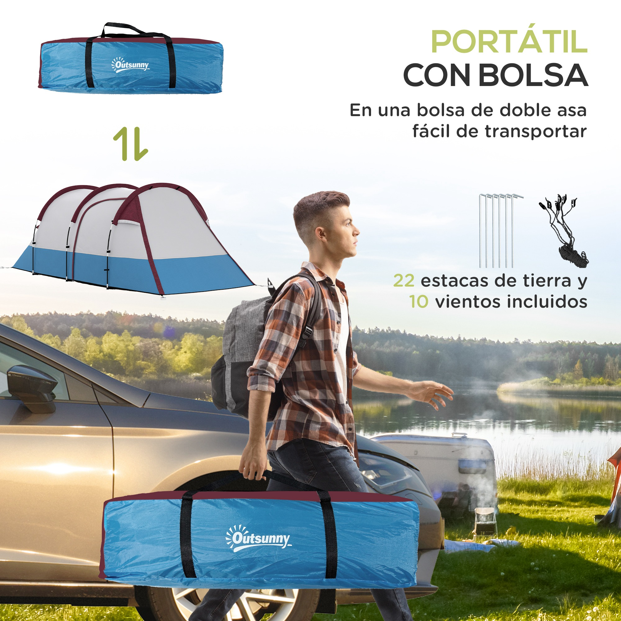 Un hombre lleva una bolsa azul junto a un coche. Hay tiendas de campaña al fondo.