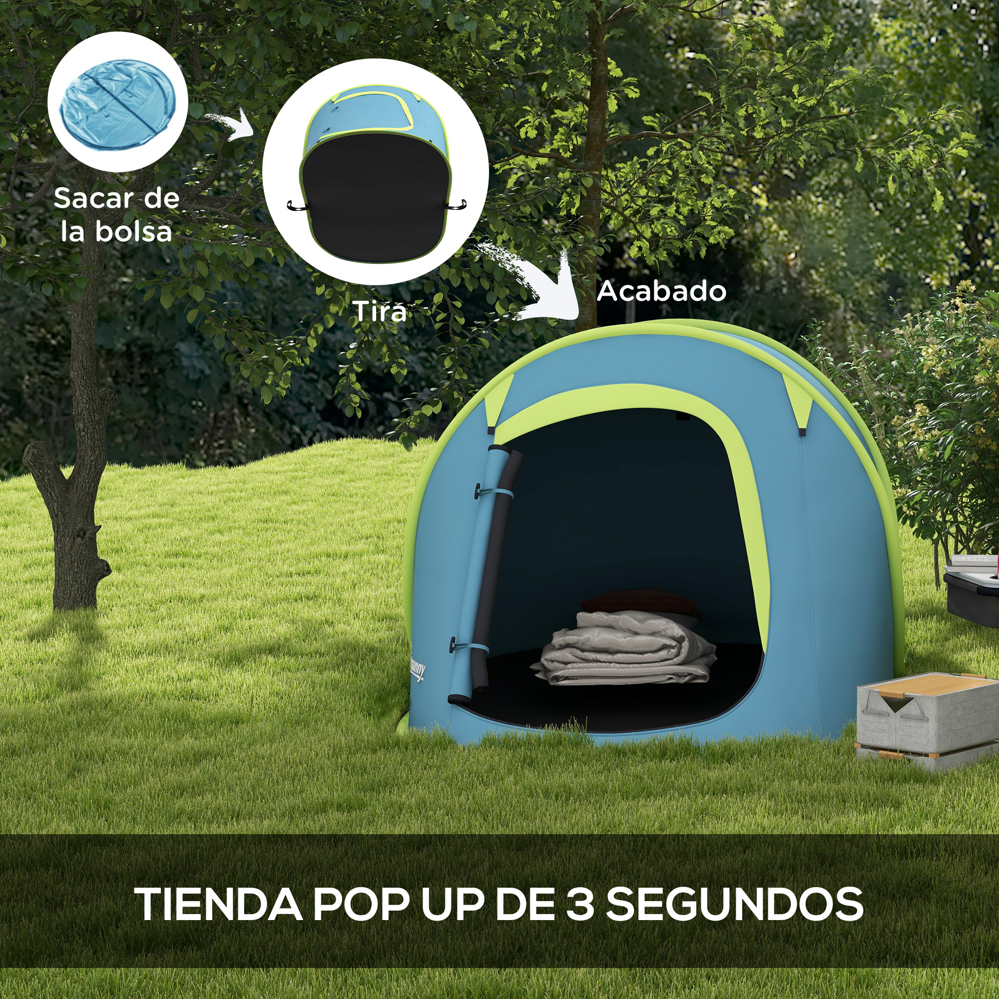 Una tienda de campaña azul pop-up con ribetes amarillos en campo verde.