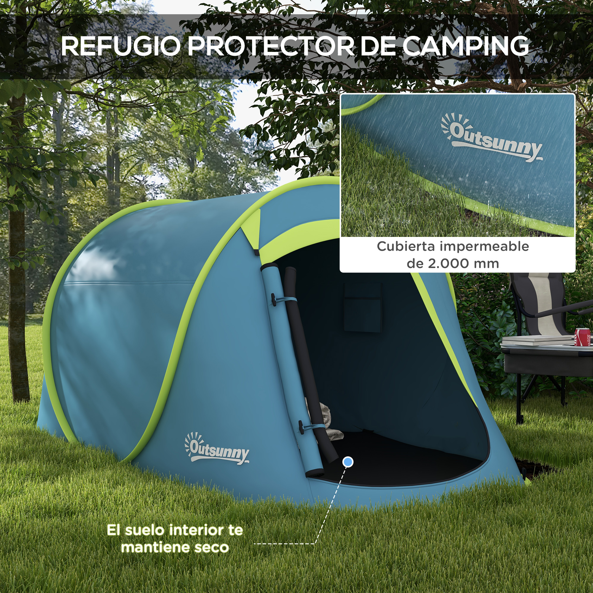 Una tienda de campaña azul y amarilla está en el césped. Un detalle muestra lluvia.