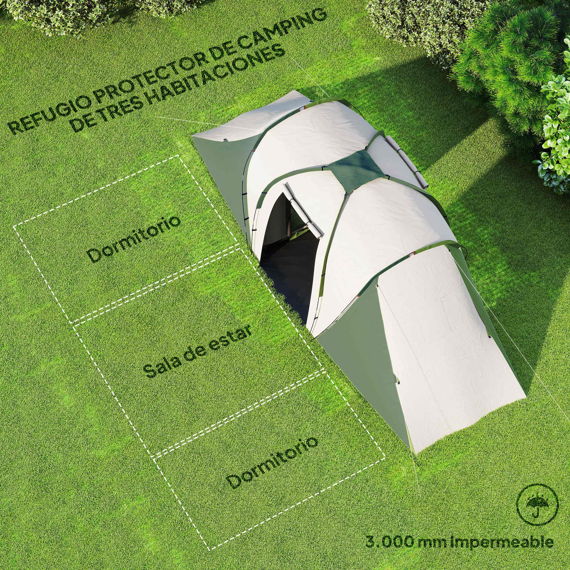 Una tienda de campaña de tres habitaciones verde y blanca sobre césped.