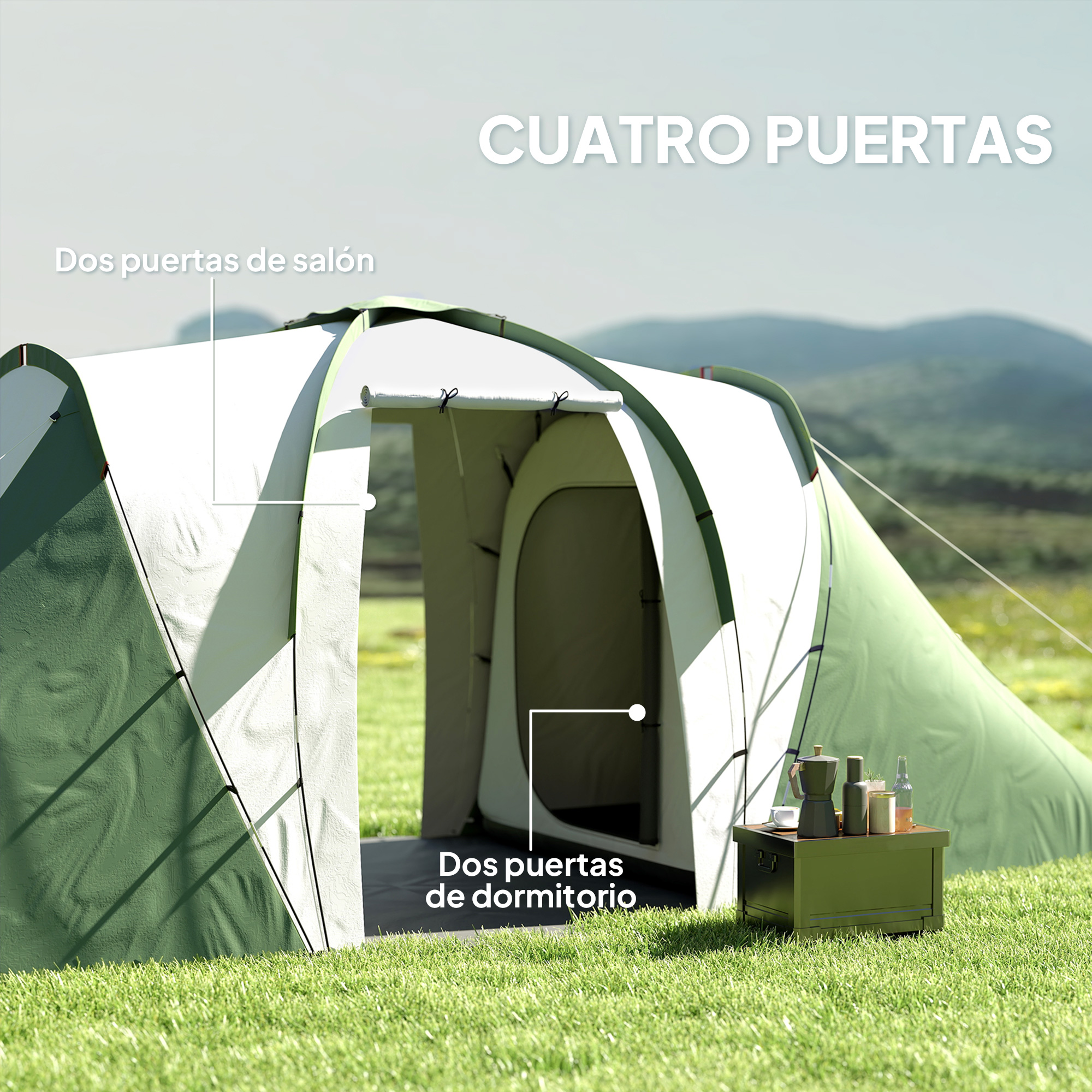 Una tienda de campaña verde con cuatro puertas sobre césped, con montañas.