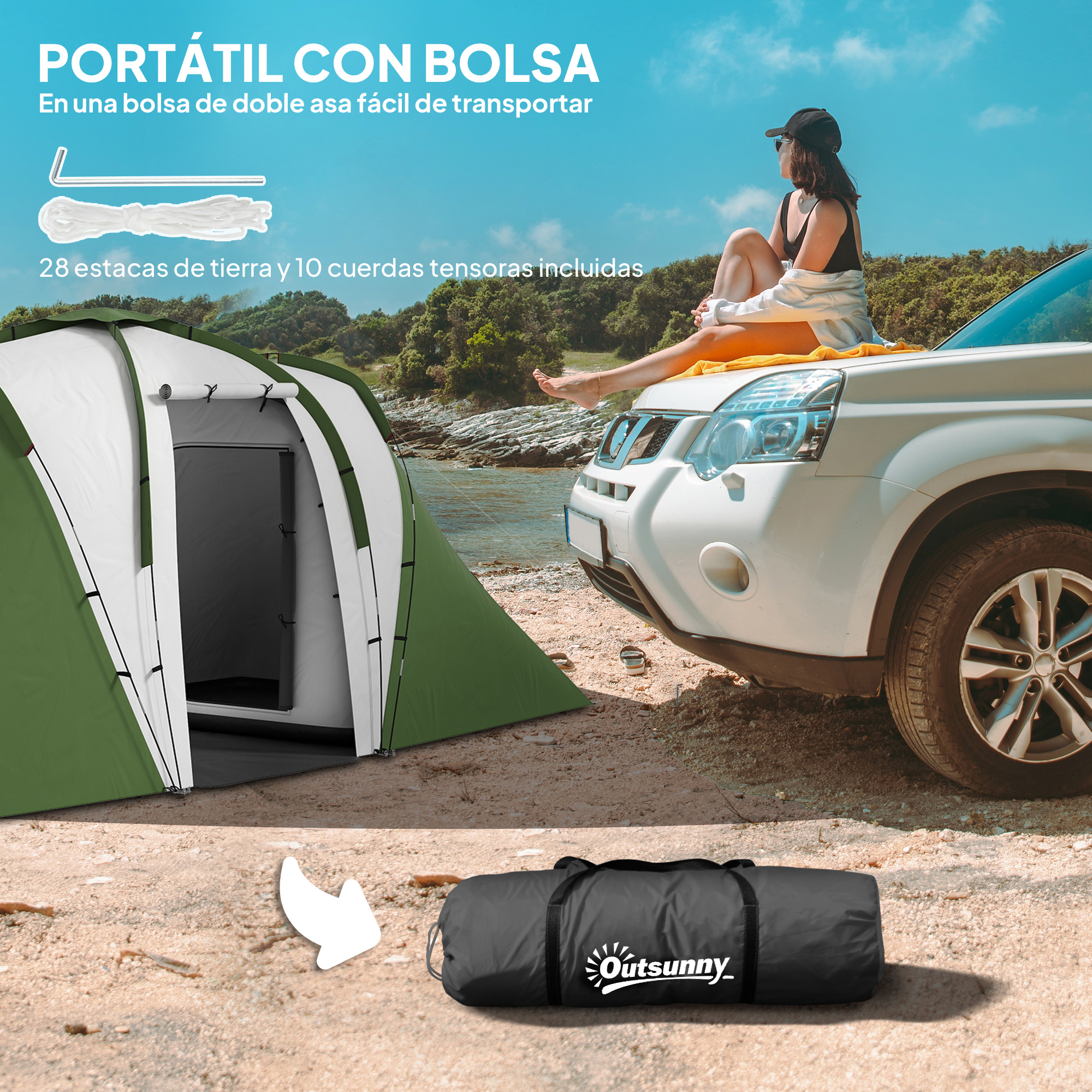 Una tienda verde está en la playa junto a un coche. Una mujer se sienta en el coche.