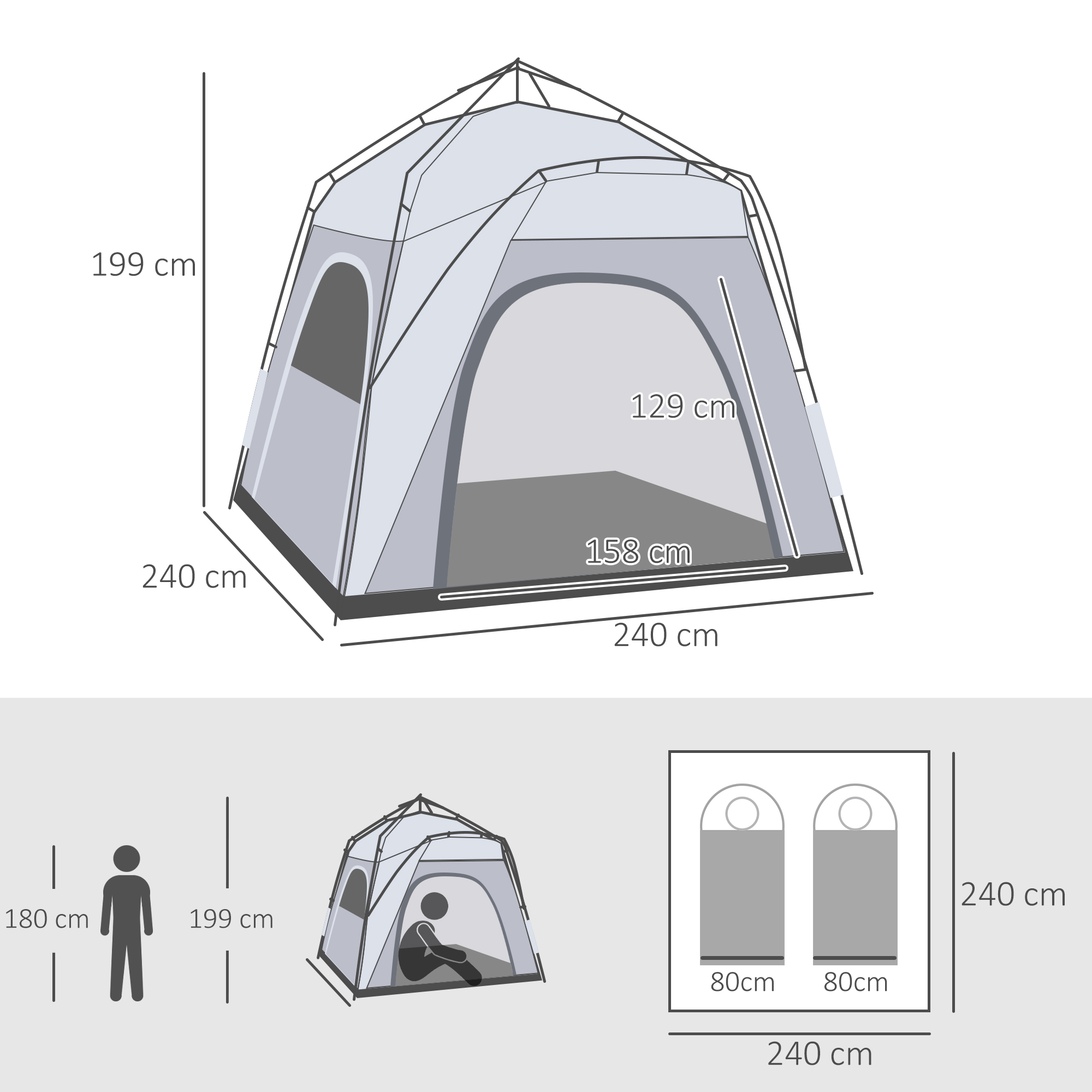 Dimensiones tienda: 240x240x199 cm. Dimensiones interiores: 129x158 cm. Altura persona: 180 cm.