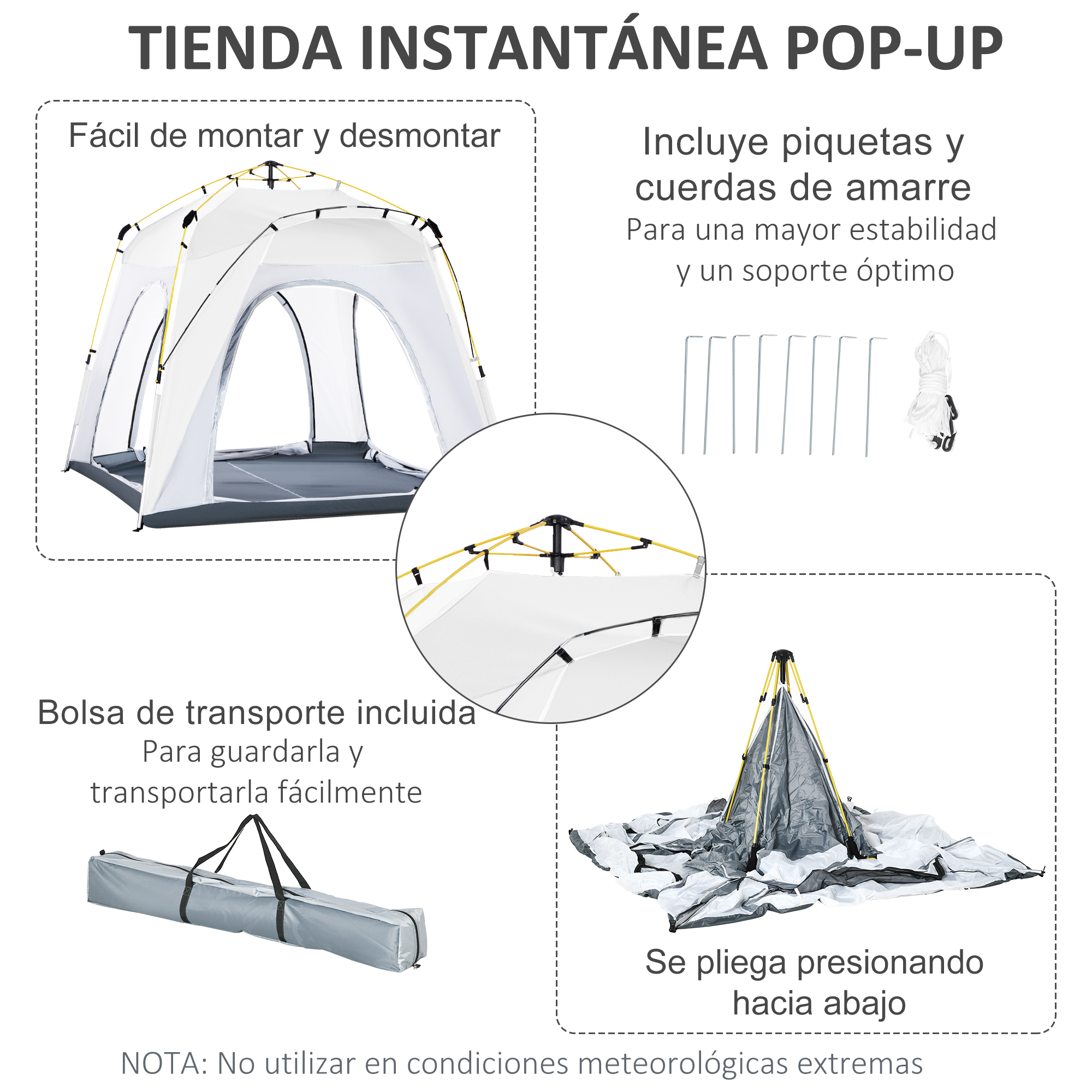 Montaje y accesorios de tienda pop-up blanca mostrados.