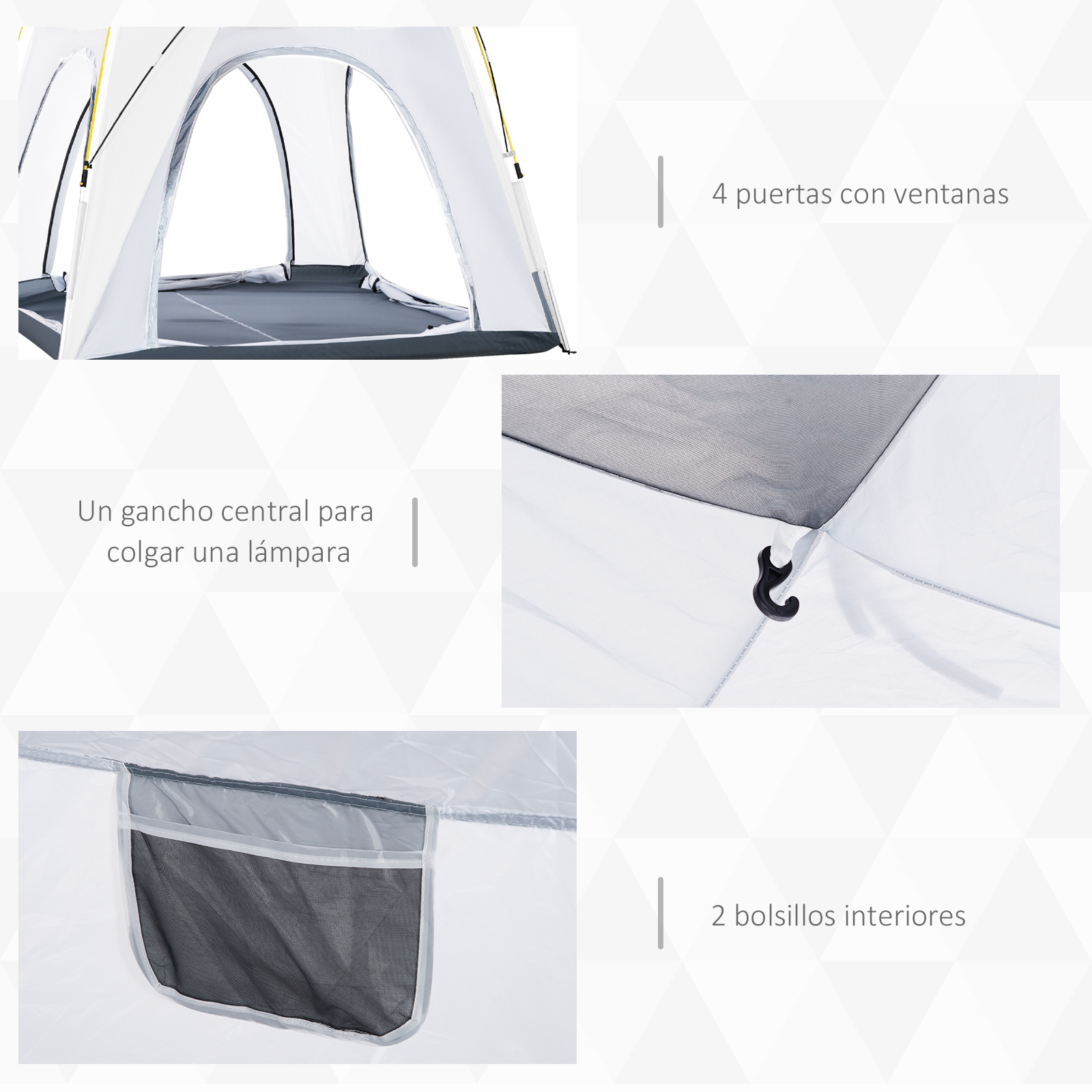 Tienda con 4 puertas, ventanas, gancho y 2 bolsillos interiores.